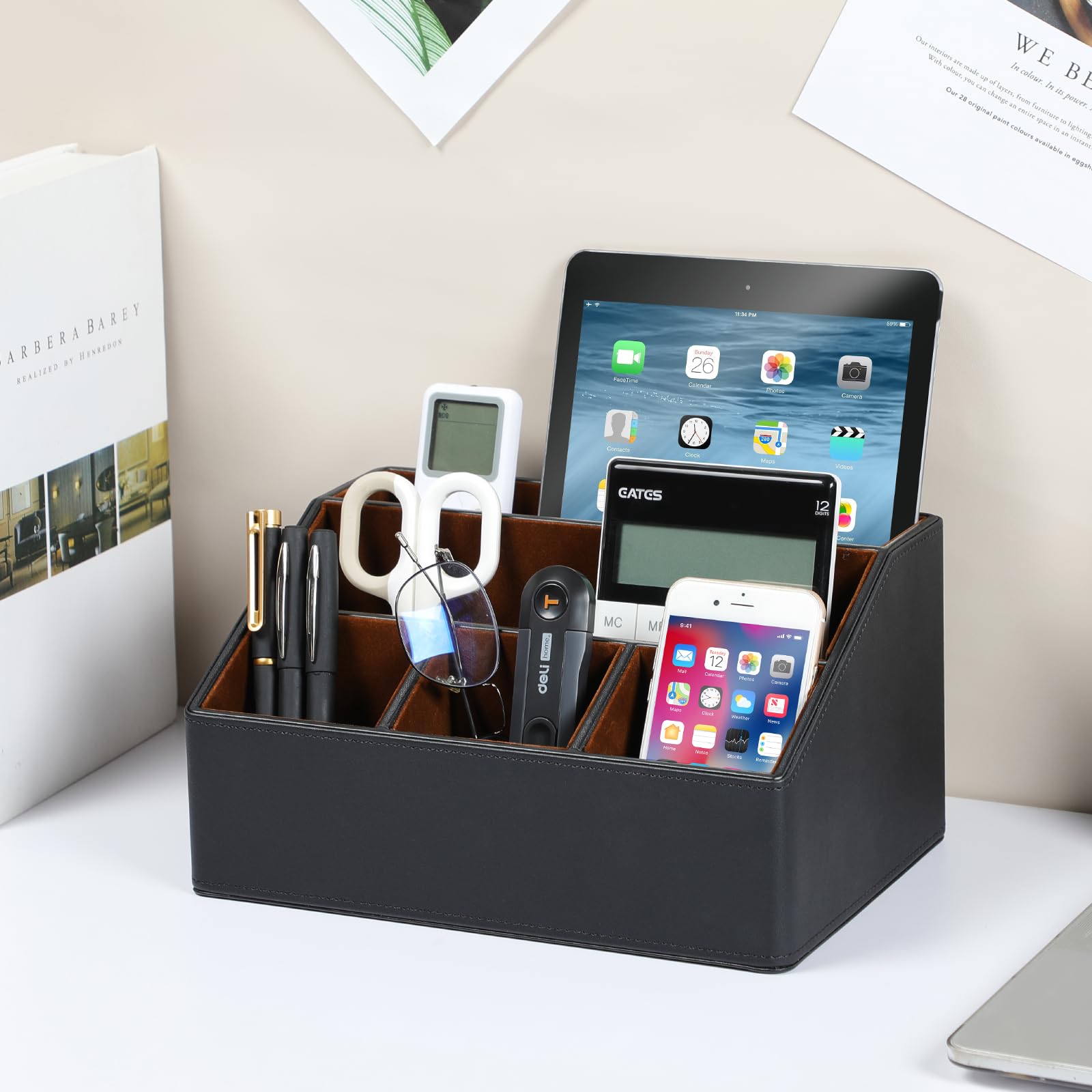 Premium PU Leather Desk Organizer - 5 Compartment Multifunctional Storage Box for Office Supplies, Pens, Pencils, Business Cards & Remote Controls | Perfect for Home Office, Workstation & Study Desk Organization (Black)