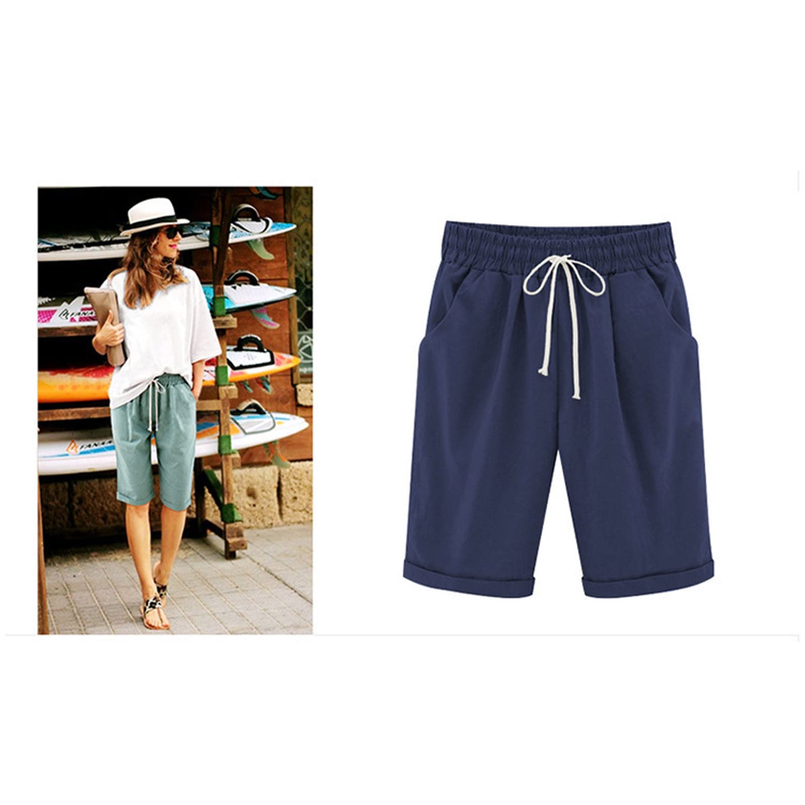 Women's Linen Bermuda Shorts - Elastic Waist, Pockets for Summer & Workout