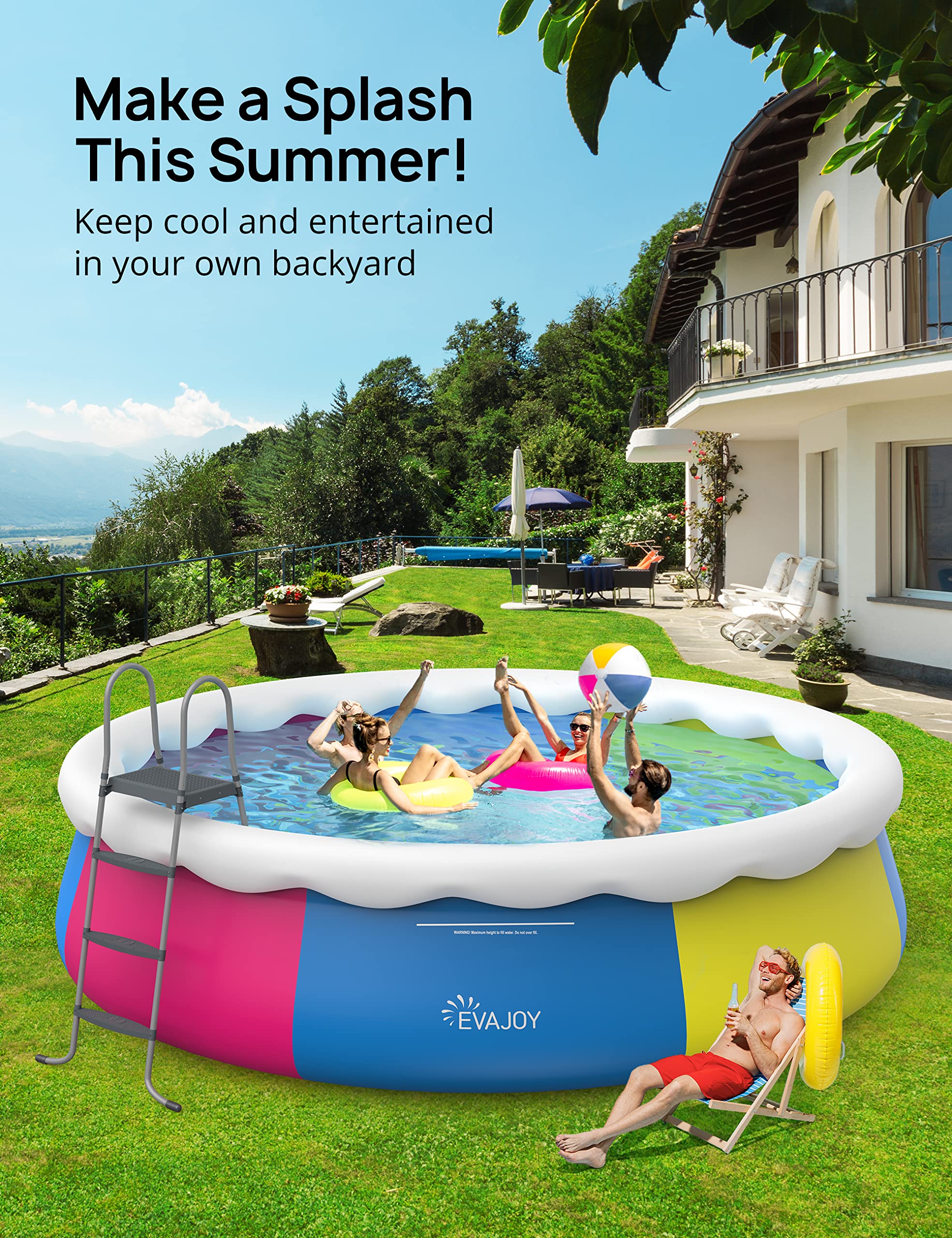 EVAJOY 18ft x 48in Inflatable Above Ground Swimming Pool with Filter Pump - Large Round Blue Family Pool for Backyard, Summer Outdoor Water Fun & Kids Play