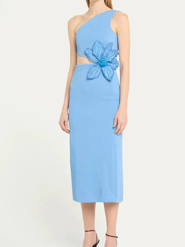 Sexy One Shoulder Bandage Dress for Women - Sky Blue Floral Midi Bodycon Dress for Evening, Club, Party & Celebrity Events | Elegant & Stylish Night Out Outfit
