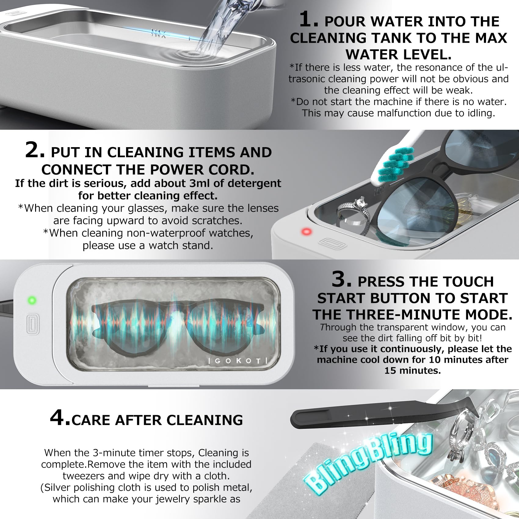 Professional 42kHz Ultrasonic Jewelry Cleaner Machine with Timer - 450ML Capacity for Glasses, Watches, Earrings, Rings & Necklaces - Perfect for Home, Office or Jewelry Store Use (White)