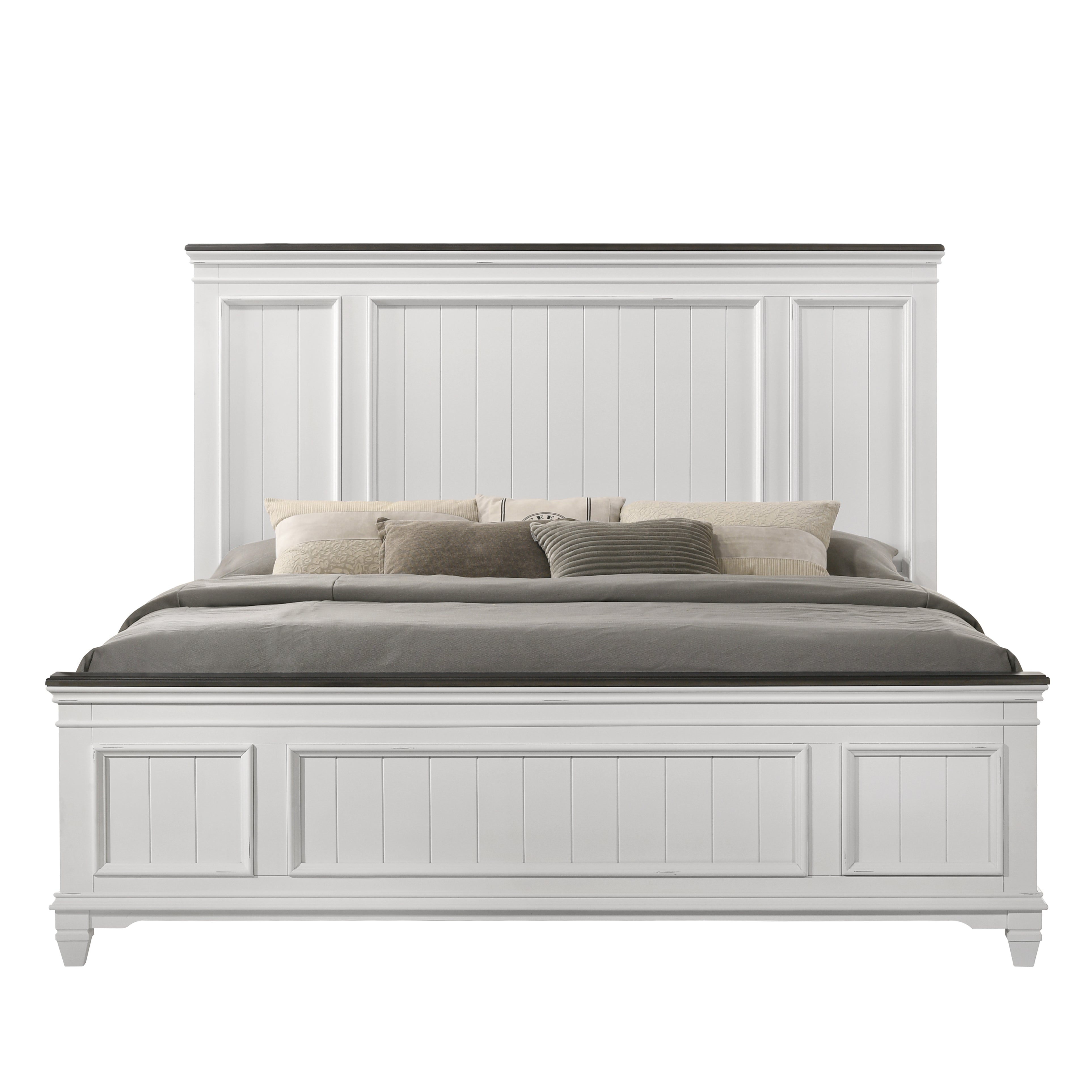 Clelane Shiplap Wood Panel Bed - Weathered White & Walnut Finish - Rustic Farmhouse Style Bed Frame for Master Bedroom, Guest Room or Vacation Home