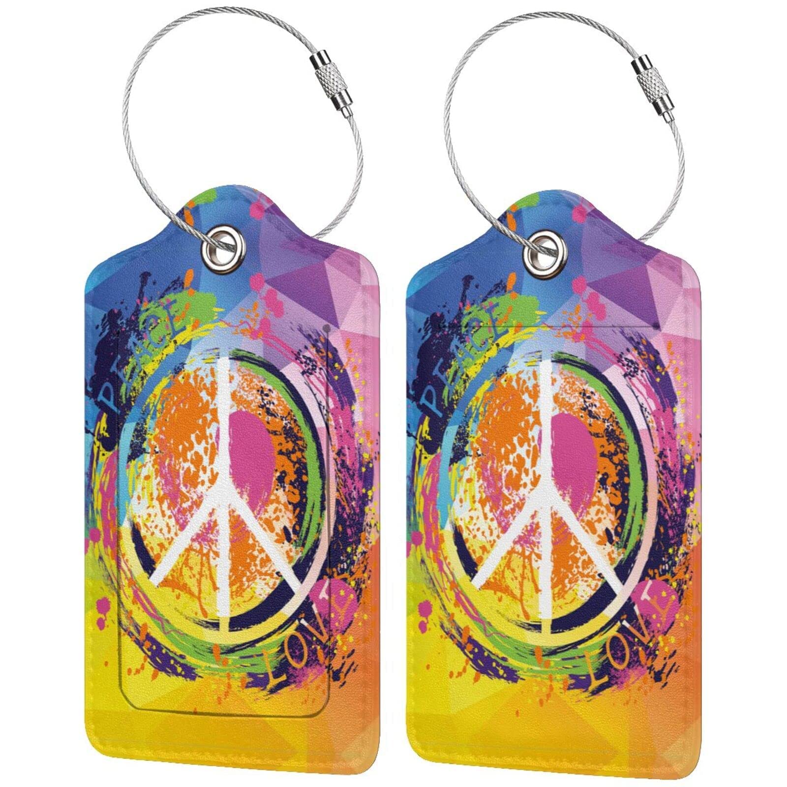 2 Pack Cute PU Leather Luggage Tags with Stainless Steel Loop & Privacy Cover - Personalized Name ID Labels for Women & Girls Suitcases, Bags - Peace & Love Design - Perfect for Travel, Vacation & Airport Identification