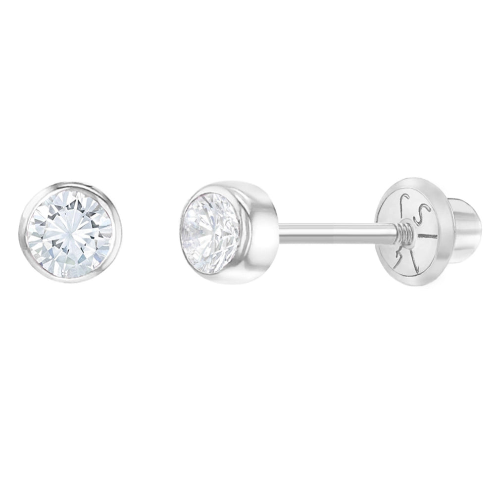 14K White Gold 3mm Bezel Set Round Cubic Zirconia Screw Back Earrings for Kids - Perfect for Birthdays, First Communion & Special Occasions