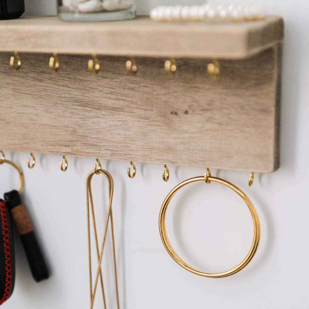 BYHER Rustic Wood Jewelry Organizer with 24 Hooks - Necklace & Bracelet Storage for Bedroom & Bathroom