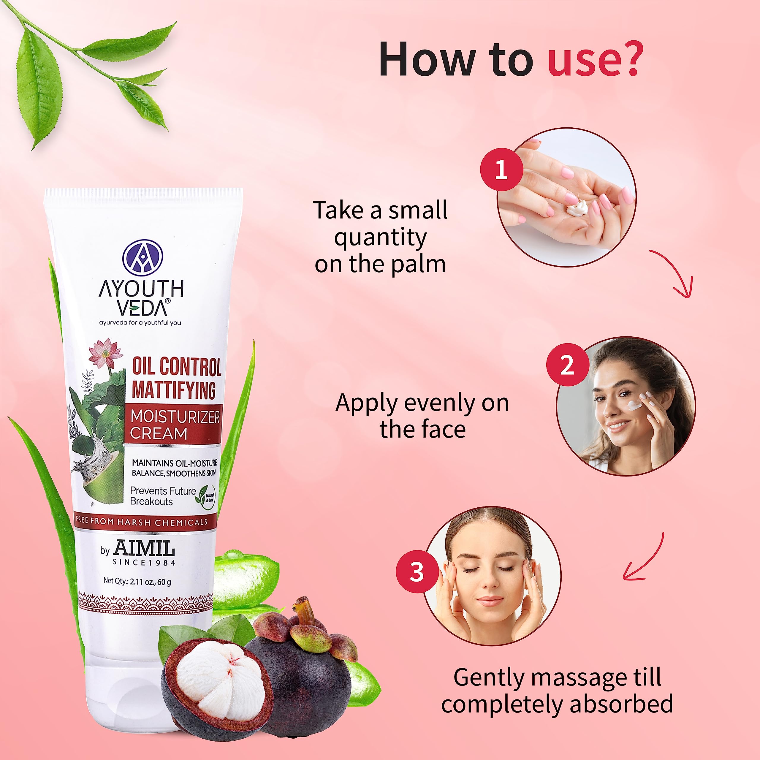 Ayouthveda Oil Control Mattifying Moisturizer Cream for Oily & Acne-Prone Skin | Green Tea, Aloe Vera & Coconut Water Formula | Reduces Redness & Breakouts | Hydrates & Smooths Skin | Pack of 2 (60g Each) | Perfect for Daily Skincare Routine & Travel