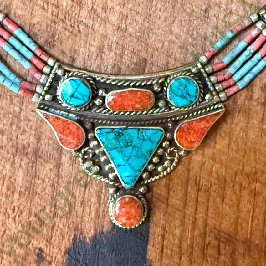 Handmade Tibetan Alpaca Silver Necklace with Turquoise & Coral Beads - Boho Chic Jewelry for Women, Perfect for Festivals, Weddings & Spiritual Ceremonies
