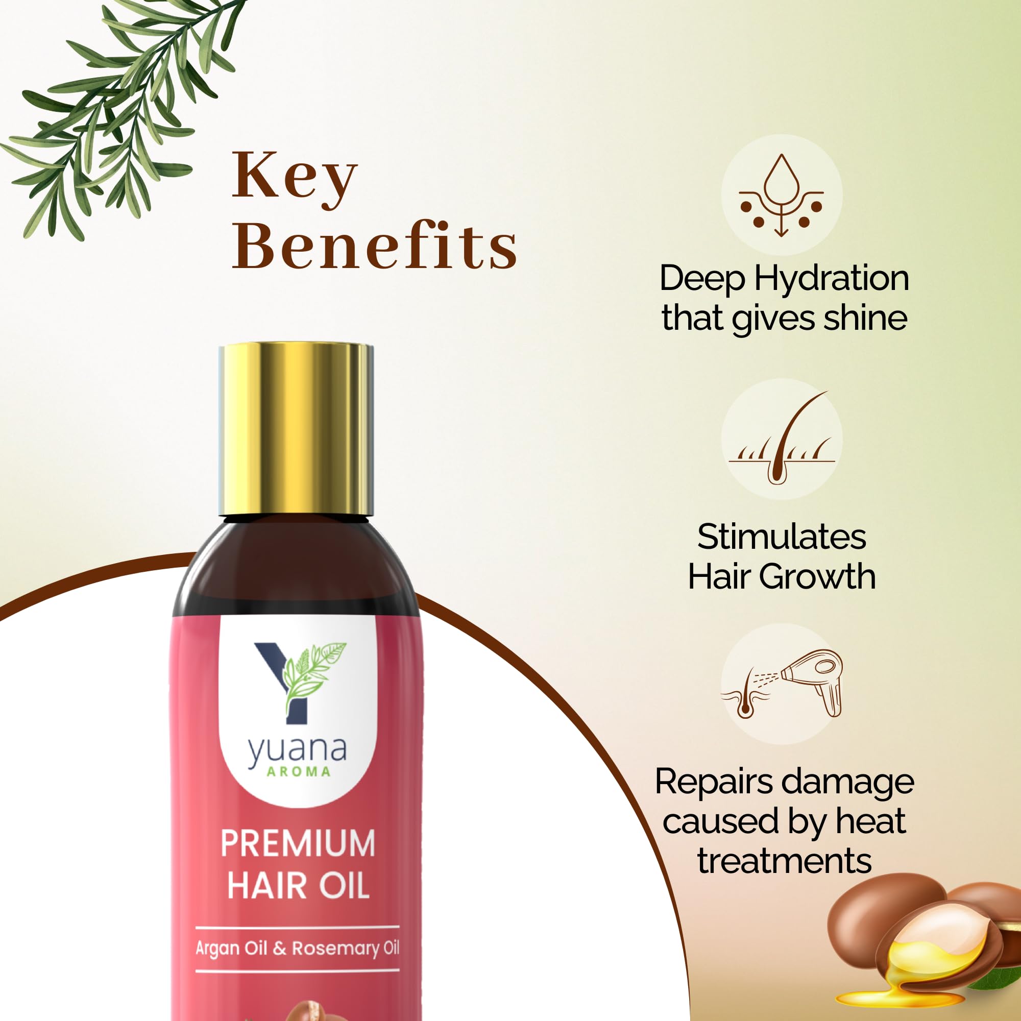 Yuana Aroma Premium Hair Growth Oil with Argan & Rosemary - 100% Natural Treatment for Hair Loss Control & Frizz Reduction (50ml) | Perfect for Daily Scalp Massage & Damaged Hair Repair