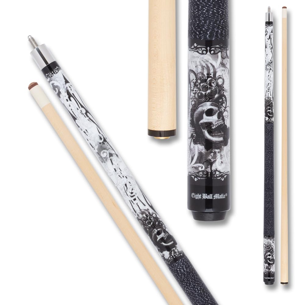 EBM10 Pool Cue Stick - Black White Grey Grunge Design with Brass Knuckles & Skulls - Perfect for Billiards, Bars, and Game Room Decor