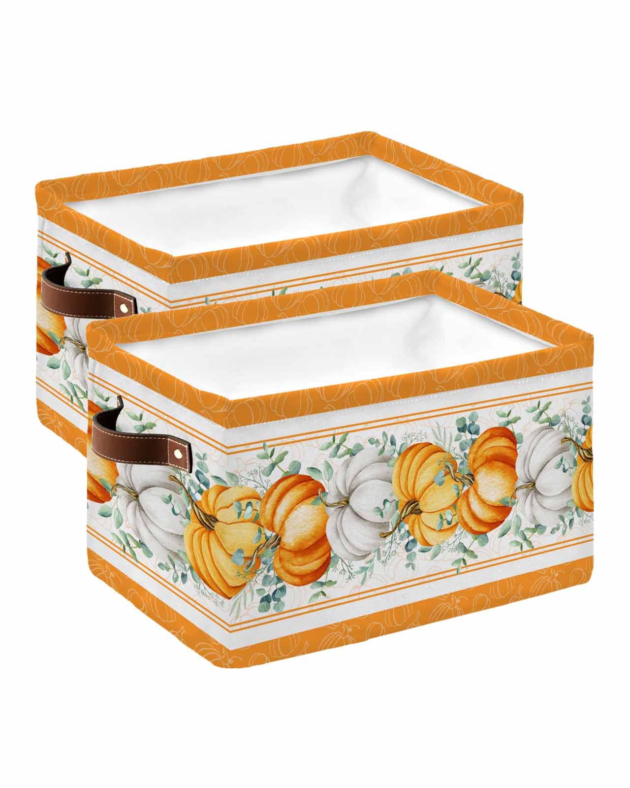 2 Pack Collapsible Storage Baskets with Handles - Orange White Pumpkin Design & Green Botanical Leaves - Foldable Organizer Bins for Nursery Toys, Laundry, Closet Organization - Perfect for Fall Thanksgiving Decor, Home Shelves & Seasonal Storage Solutions
