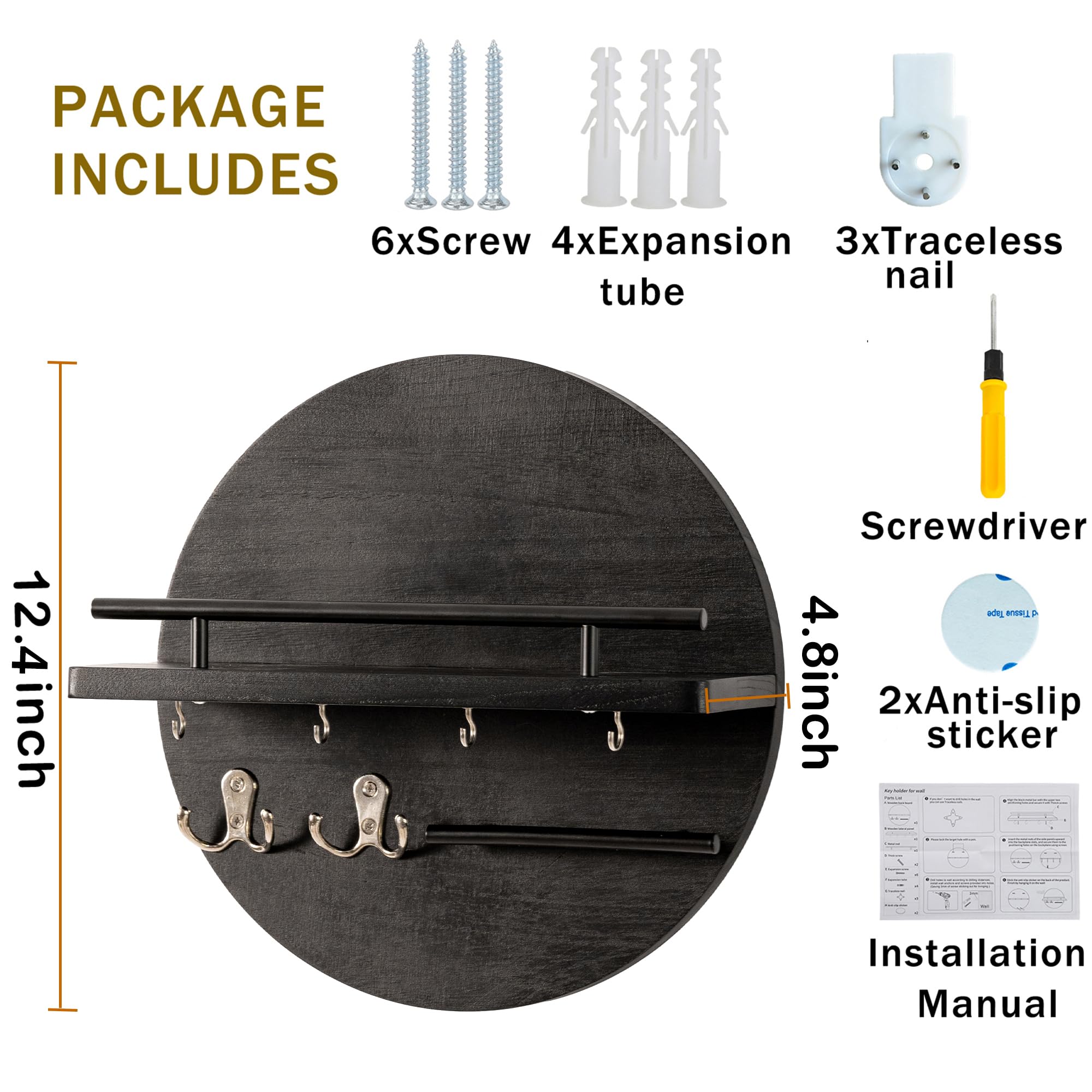 Stylish Circular Wall Key Holder with Shelf & Hooks - Rustic Boho Mail Organizer for Entryway - Black Home Decor for Organizing Keys, Letters & Small Items | Perfect for Hallway, Foyer & Apartment Organization