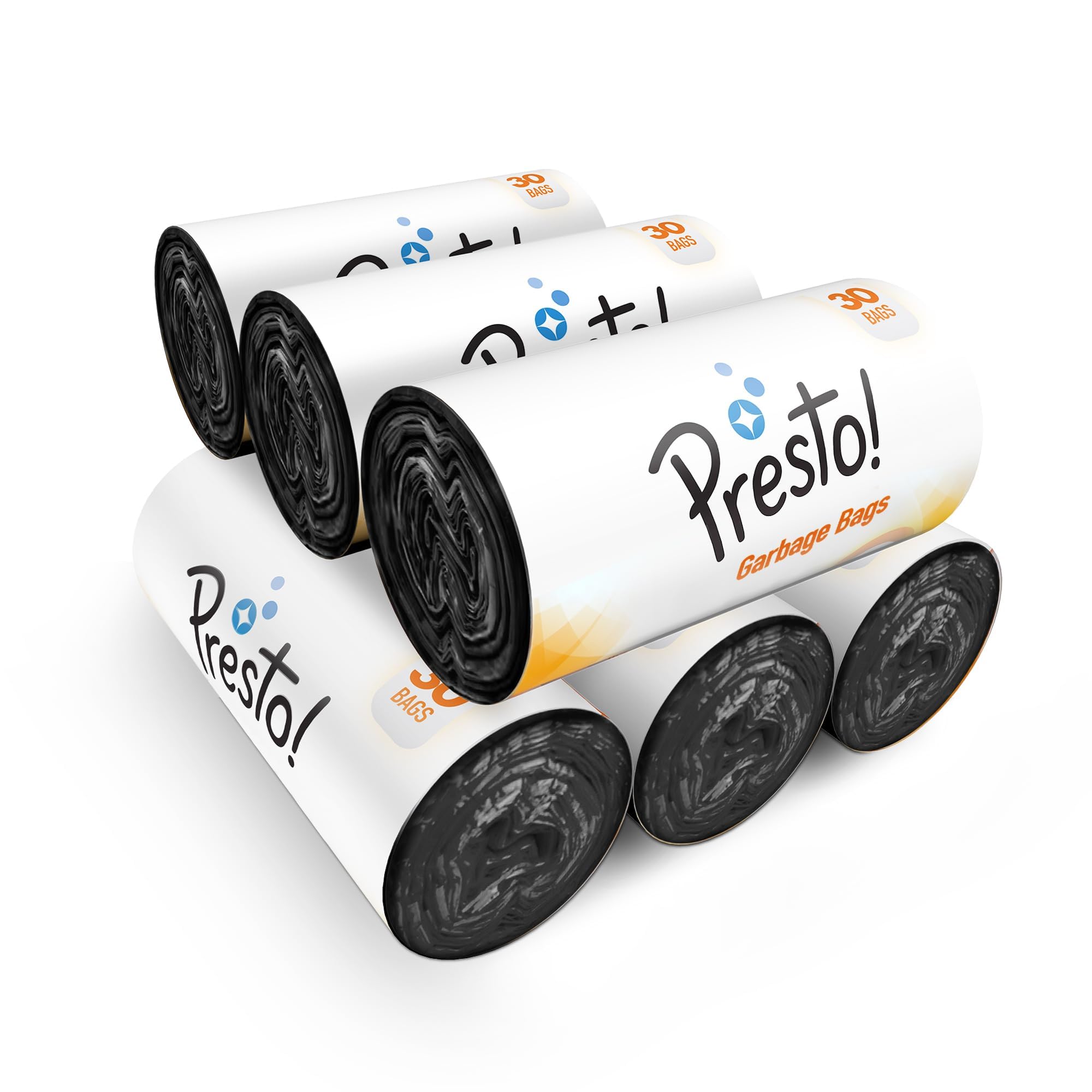 Presto! 180 Count Medium Garbage Bags - 30 Bags x 6 Rolls (19x21 Inches) | Heavy Duty Trash Bags for Kitchen, Bathroom & Office | Leakproof for Wet & Dry Waste | Black Wastebasket Liners