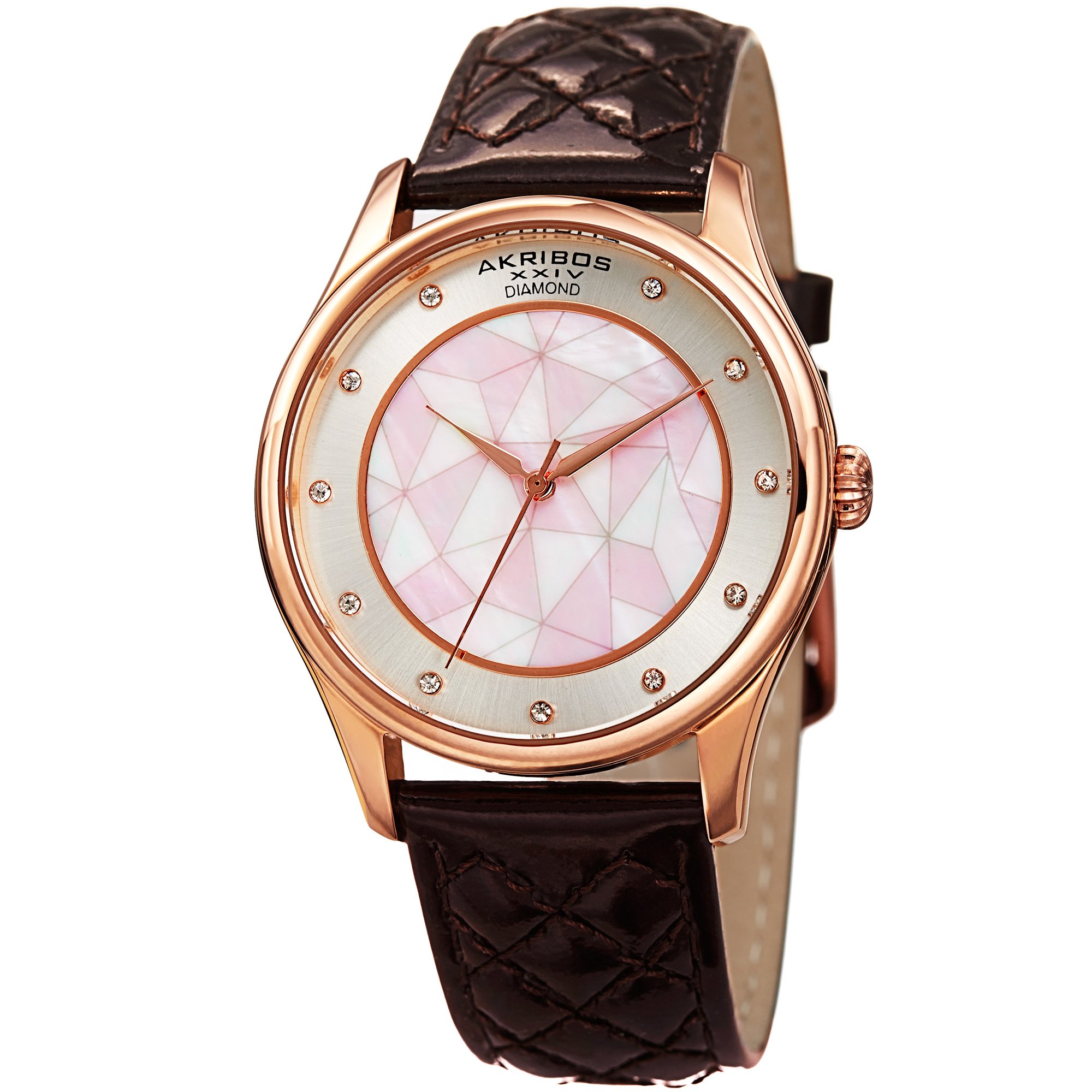 Akribos XXIV Women's Elegant Mother-of-Pearl Watch with 11 Diamond Hour Markers & Mosaic Dial | Genuine Leather Strap Watch AK925 | Perfect for Office, Party & Special Occasions