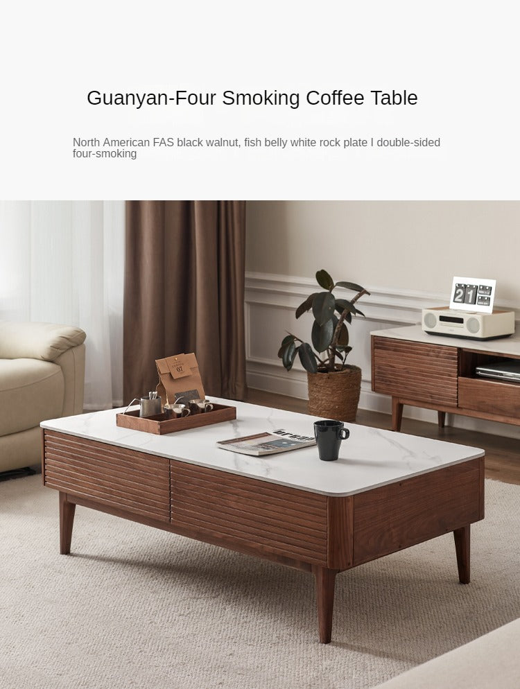 Handcrafted Black Walnut Coffee Table with Natural Slate Top - Rustic Modern Living Room Furniture for Home Decor