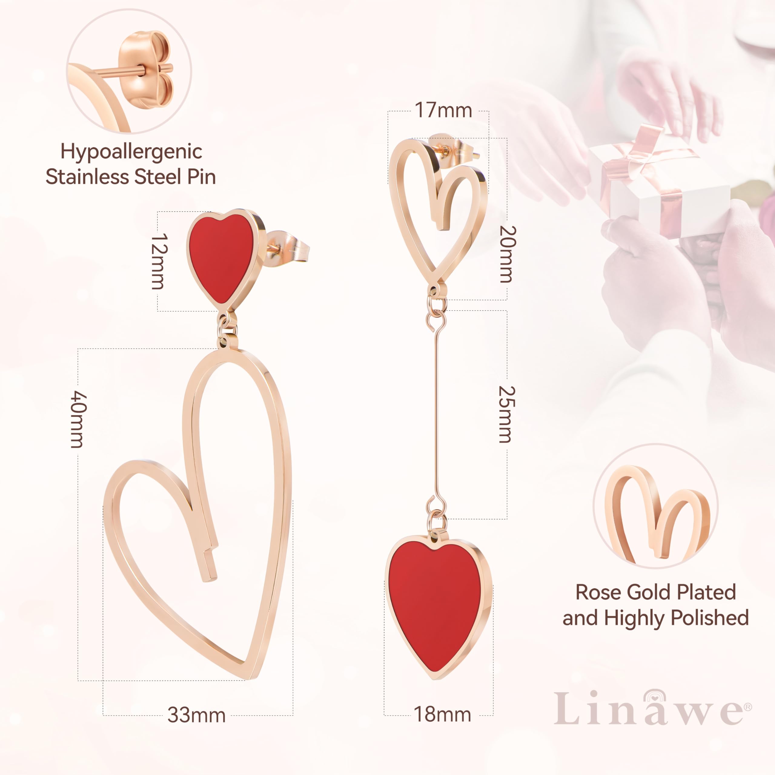 Linawe Titanium Stainless Steel Heart Dangle Earrings for Women - Trendy Gold/Silver/Rose Gold Big Drop Earrings, Hypoallergenic Long Asymmetrical Love Earrings - Perfect for Valentine's Day, Date Night, and Special Occasions