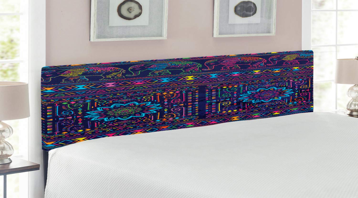 Ambesonne Psychedelic Upholstered Headboard - Colorful Hippie Themed Animal & Floral Print, Decorative Metal Bed Frame with Memory Foam - King Size Multicolor - Perfect for Bohemian Bedrooms, Guest Rooms & Meditation Spaces