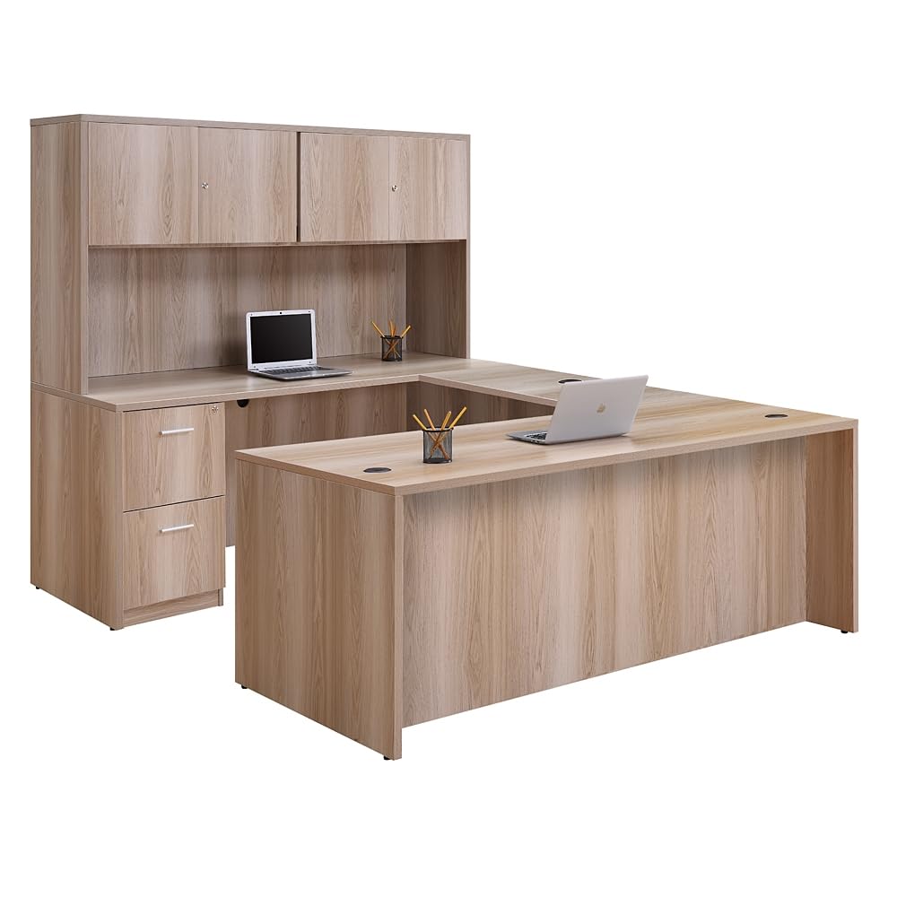 U-Shaped Office Desk with Reversible Bridge & 2-Drawer File Cabinet - 71