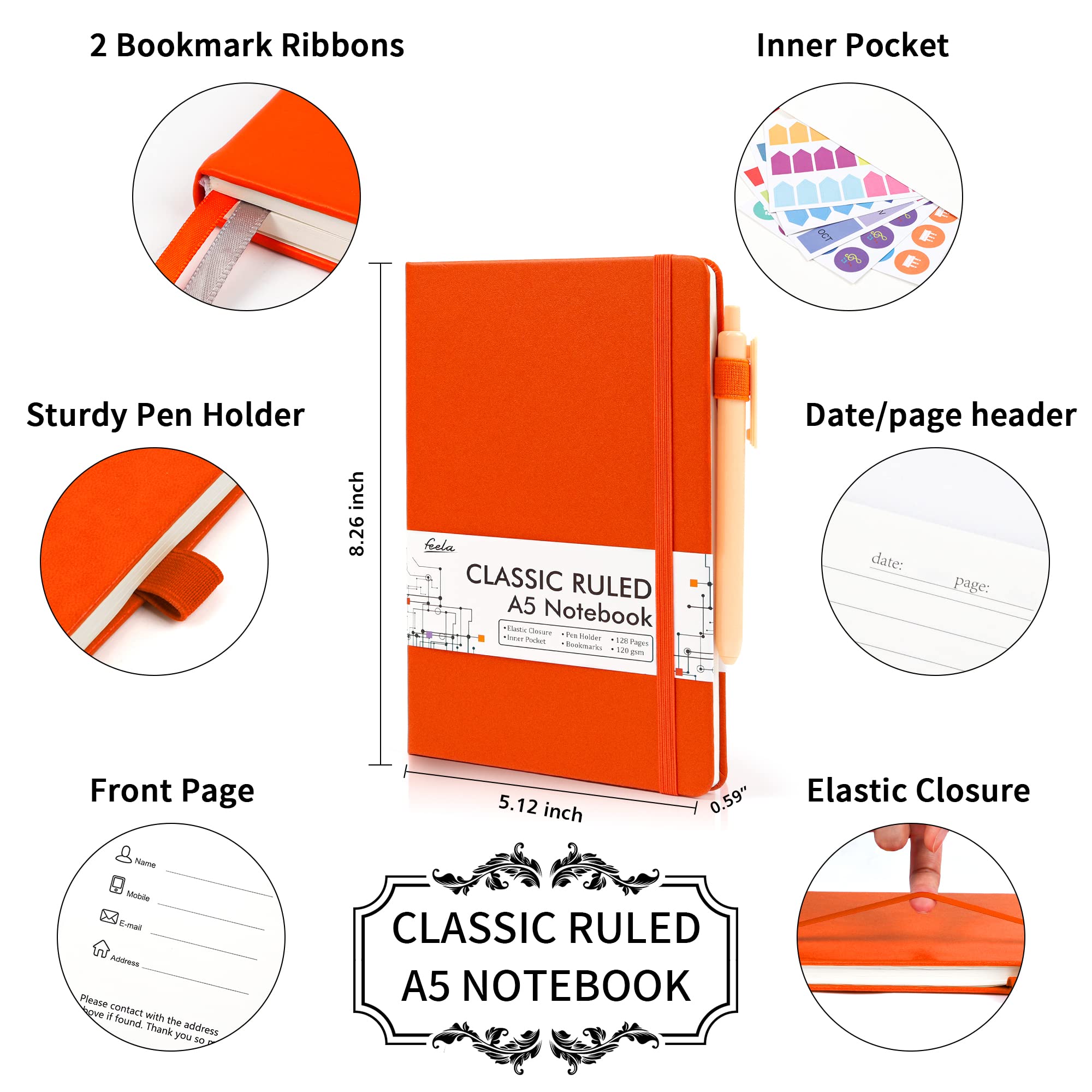 12-Pack A5 Hardcover Notebooks & Journals Set with 12 Black Pens - 120 GSM Ruled Paper, 5.1”x8.3” - Orange - Perfect for School, Office, Business Meetings, Travel Journaling & Note Taking - Includes Pen Holder for Easy Organization