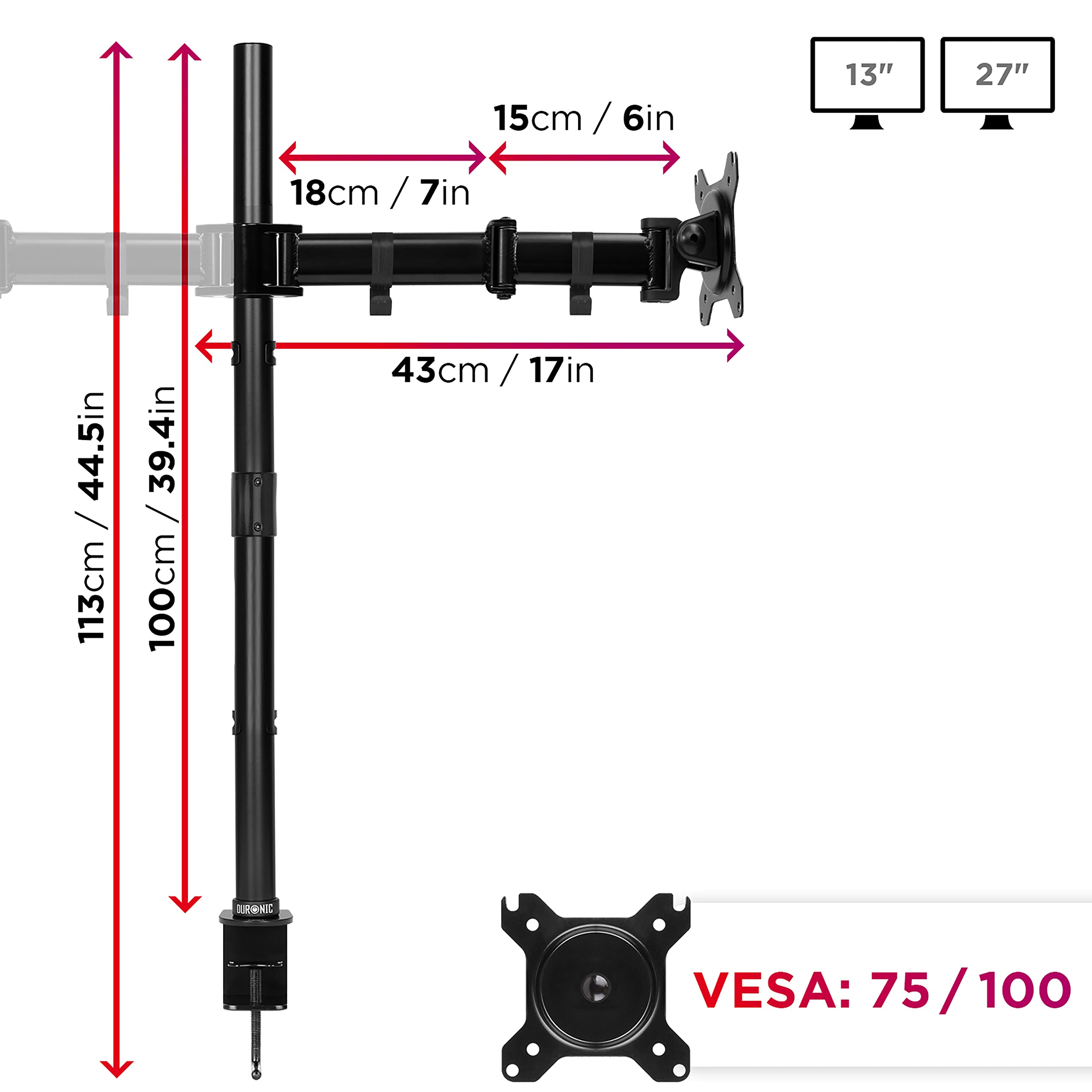 Duronic DMT252 Dual Monitor Stand - Height Adjustable PC Monitor Arm with 100cm Pole, C-Clamp Mount for 13-27