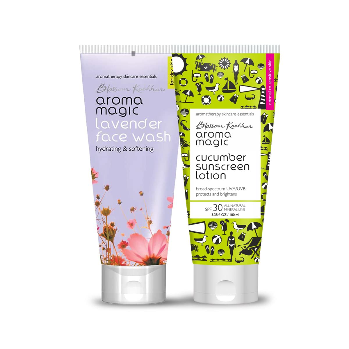 Aroma Magic Combo - Lavender Face Wash for Dry Skin & Cucumber Sunscreen Lotion SPF 30 (100ml x 2) | Hydrating Skincare Set for Daily Face Care & Sun Protection
