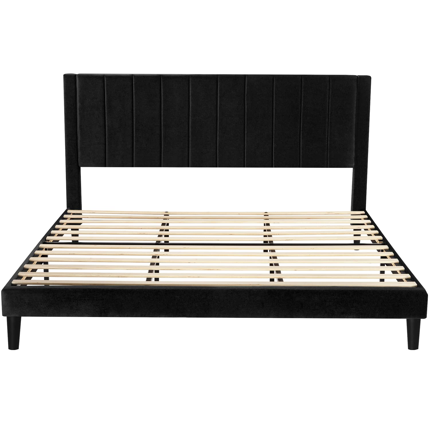 Luxury SHA CERLIN King Size Bed Frame - Velvet Upholstered Platform Bed with Headboard | Solid Wood Slat Support | No Box Spring Required | Perfect for Master Bedroom & Guest Room (Black)