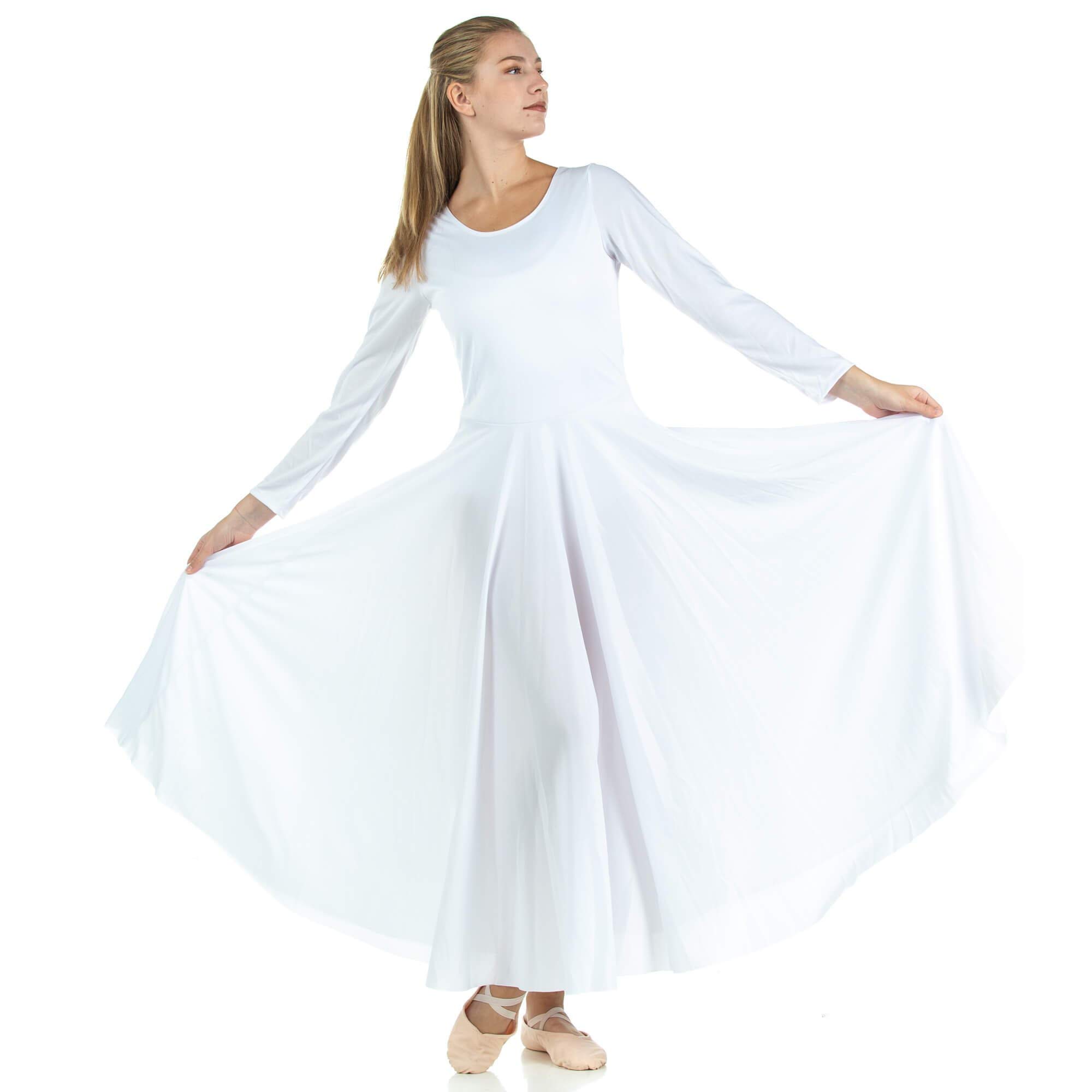 Danzcue Women's Praise Loose Fit Full Length Long Sleeve Dance Dress - White (Small/Medium/Large) - Perfect for Ballet, Worship Dance & Performance Costumes