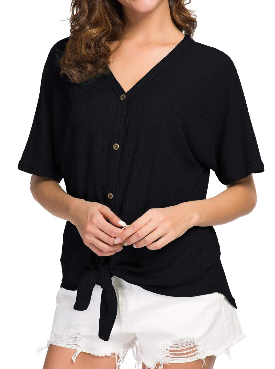 IWOLLENCE Women's Waffle Knit Tunic Blouse - Tie Knot Short Sleeve Henley Top, Loose Fit Batwing Shirt for Casual Wear, Office & Date Night Outfits
