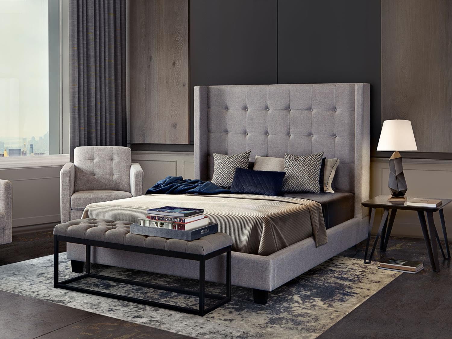 Luxury Diamond Tufted Wingback Bed Frame - Light Gray Upholstered Eastern King Size (93