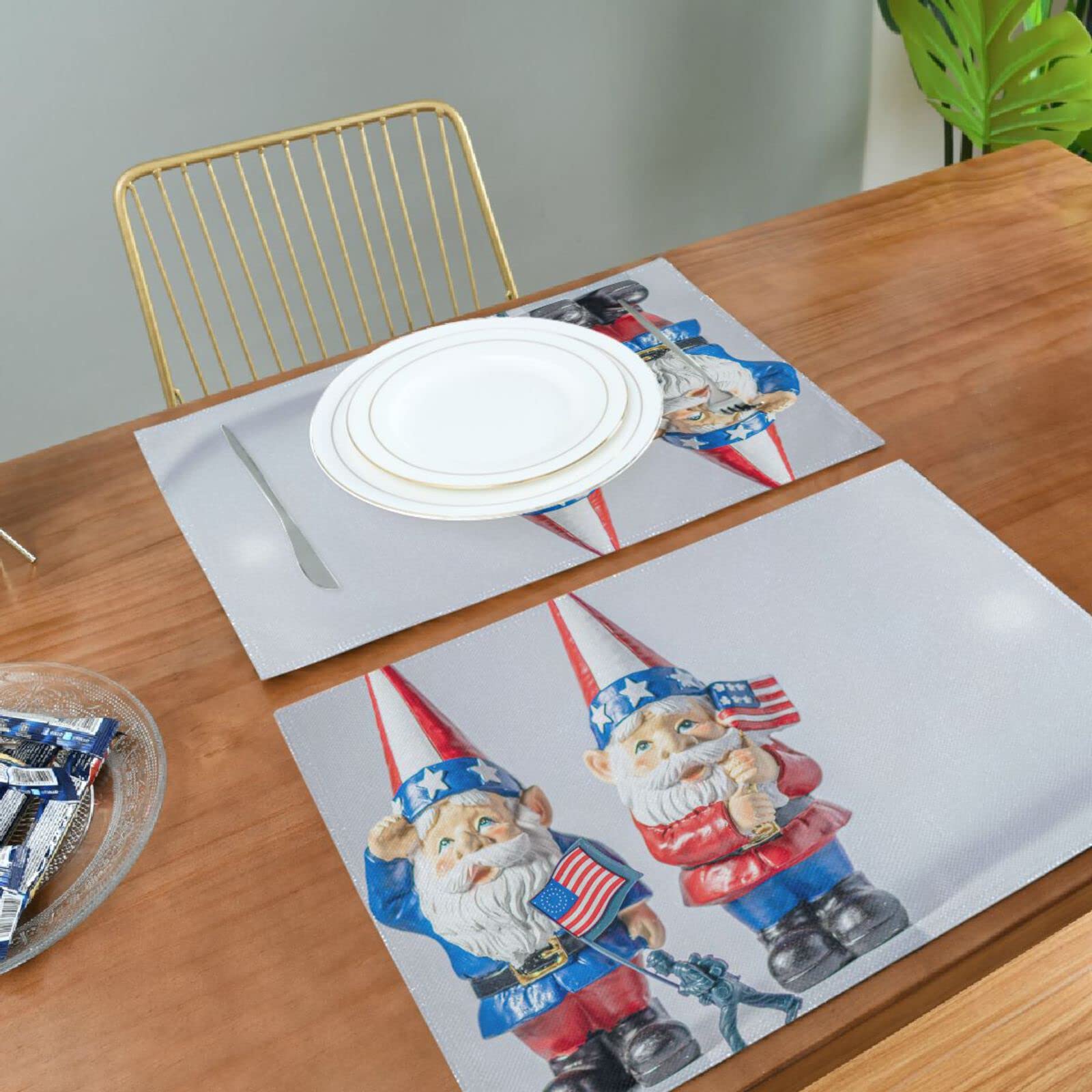 Patriotic Gnomes Salute Placemats Set of 4 - Washable & Heat Resistant 12x18 Inch Kitchen Table Mats for 4th of July, Memorial Day, Independence Day Decor - Perfect for Outdoor Picnics, BBQ Parties & Holiday Dining