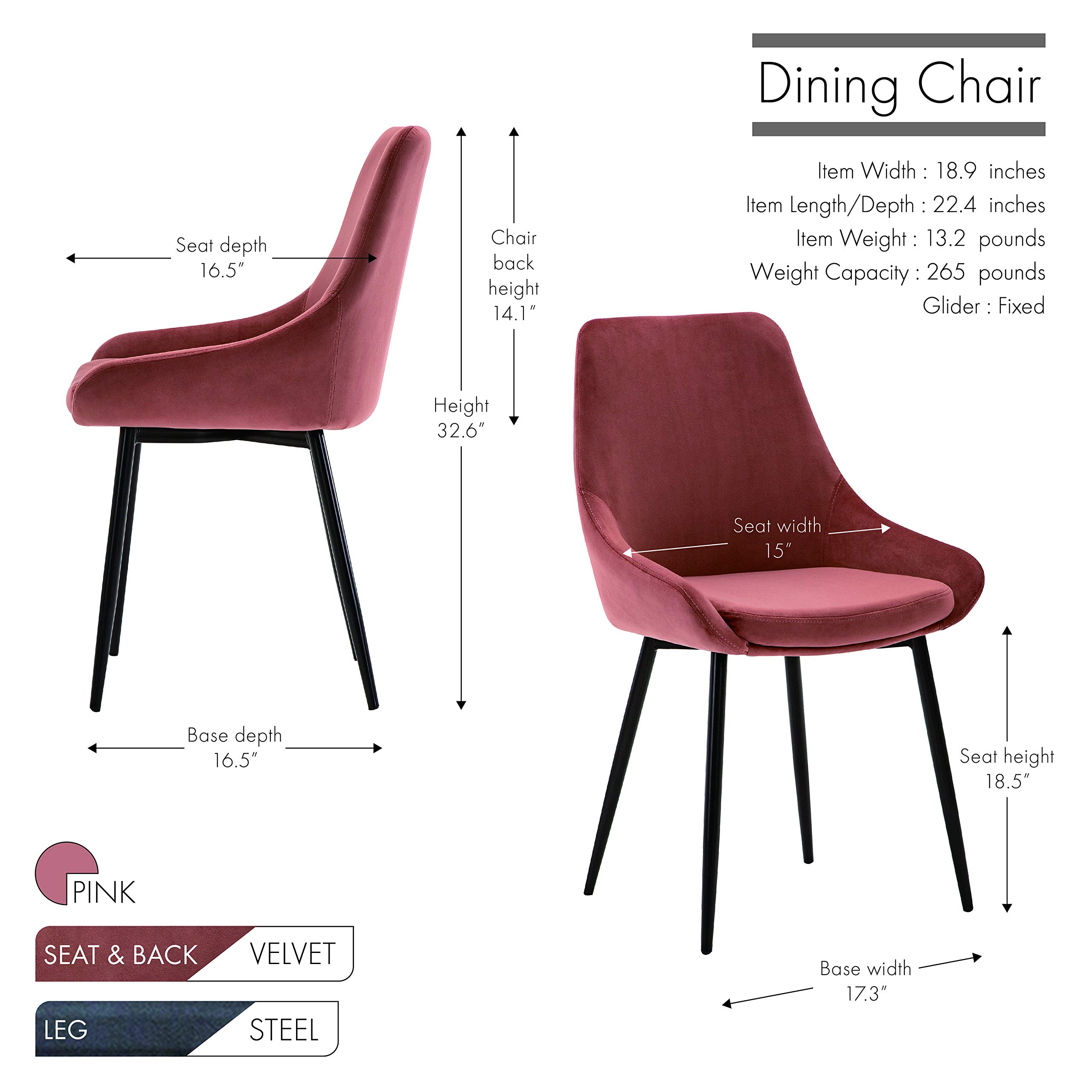 Porthos Home Mally Dining Chairs Set of 2 - Luxury Velvet Upholstery, Sturdy Steel Legs & Low Armrests for Modern Kitchen, Dining Room or Breakfast Nook