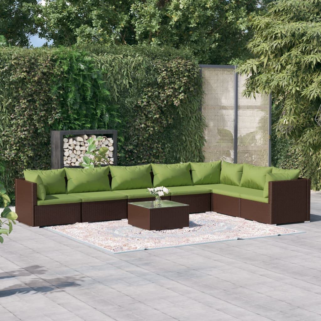 YAFF 8-Piece Patio Lounge Set with Cushions - Brown Poly Rattan Outdoor Furniture (149.2 lbs) for Garden, Poolside & Backyard Relaxation