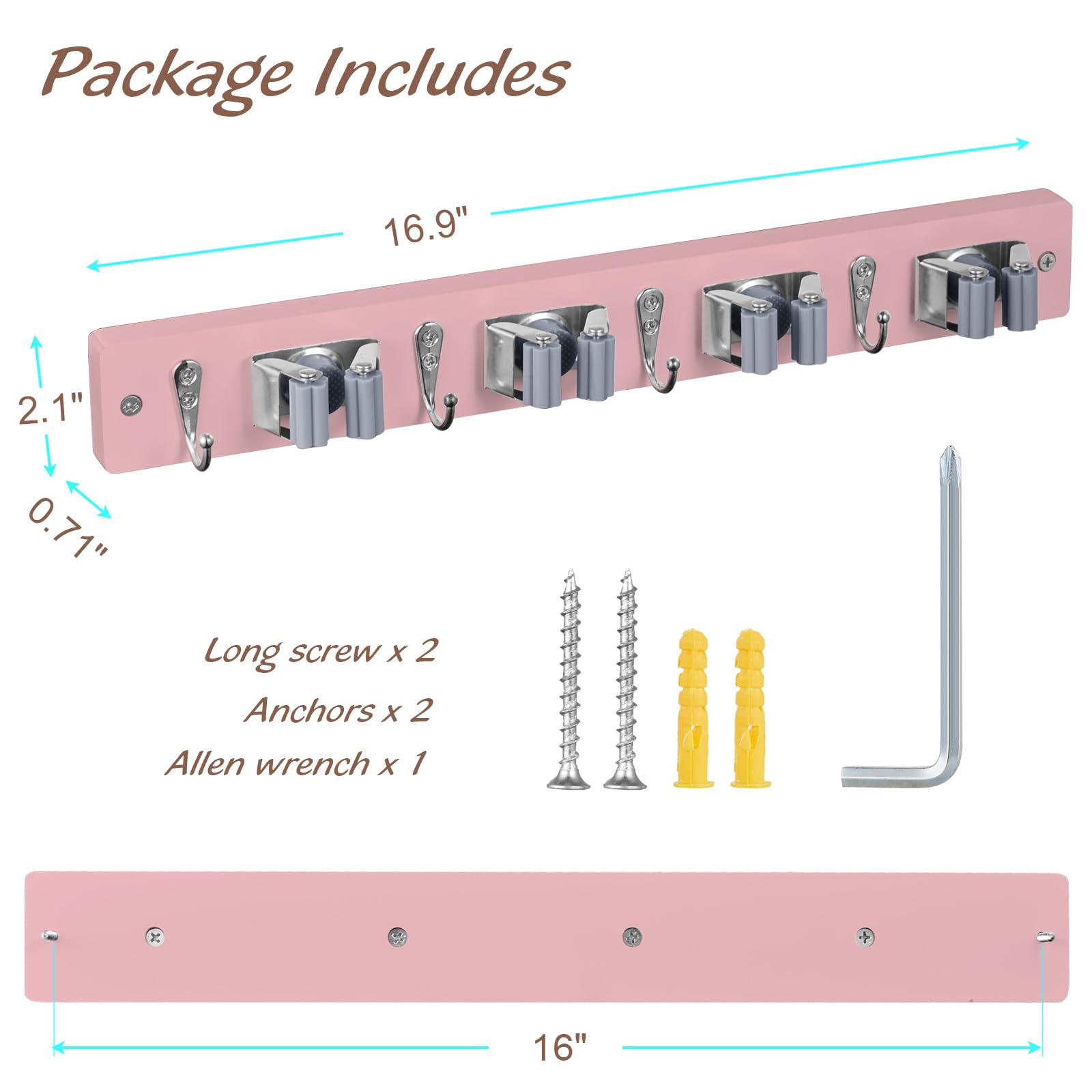 Pink Wall Mount Broom Holder with 4 Slots & 4 Hooks - Wooden Mop Hanger Organizer for Pantry, Closet, Laundry Room & Kitchen - Space Saving Storage Solution for Pink Kitchen Decor - Perfect for Small Spaces and Home Organization