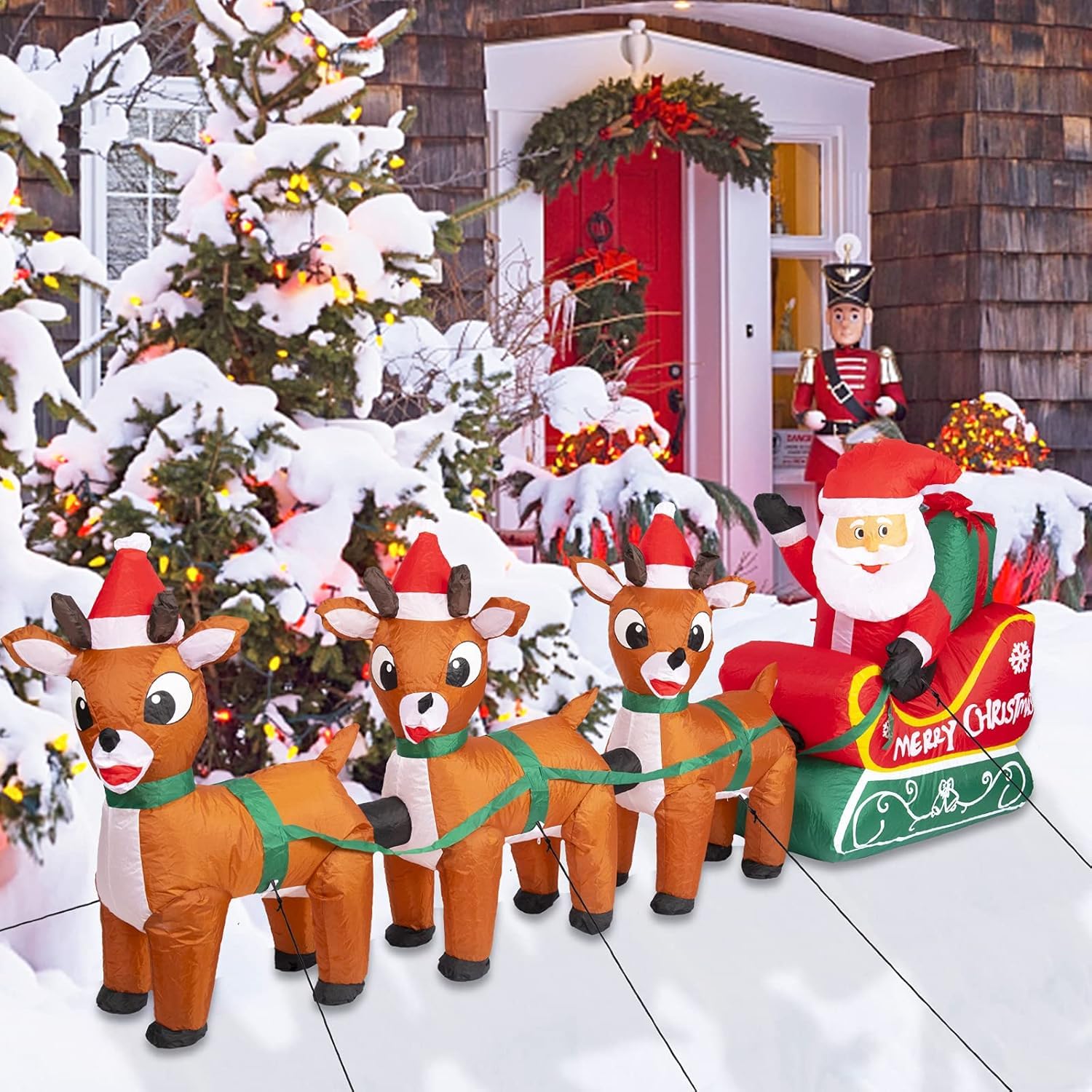 8.2FT Inflatable Santa Claus on Sleigh with 3 Reindeers - LED Lighted Christmas Yard Decoration for Holiday, Party, Xmas Decor - Perfect for Front Lawn, Garden & Outdoor Festive Decorations