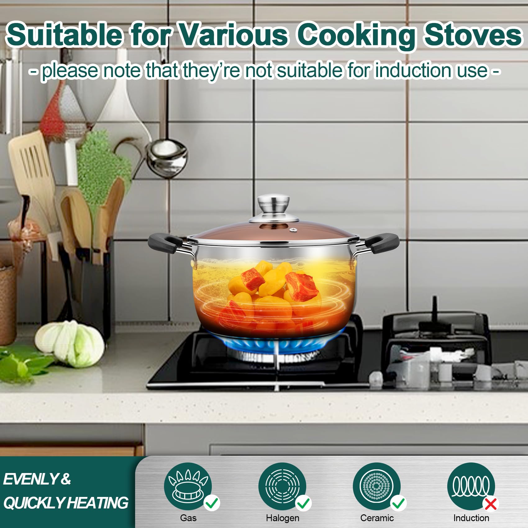 TeamFar 3 Quart Stainless Steel Stock Pot with Tempered Glass Lid - Heavy Duty Pasta & Soup Cooking Pot, Double Heat-Proof Handles, Non-Toxic, Dishwasher Safe - Perfect for Home Kitchen, Camping & Meal Prep