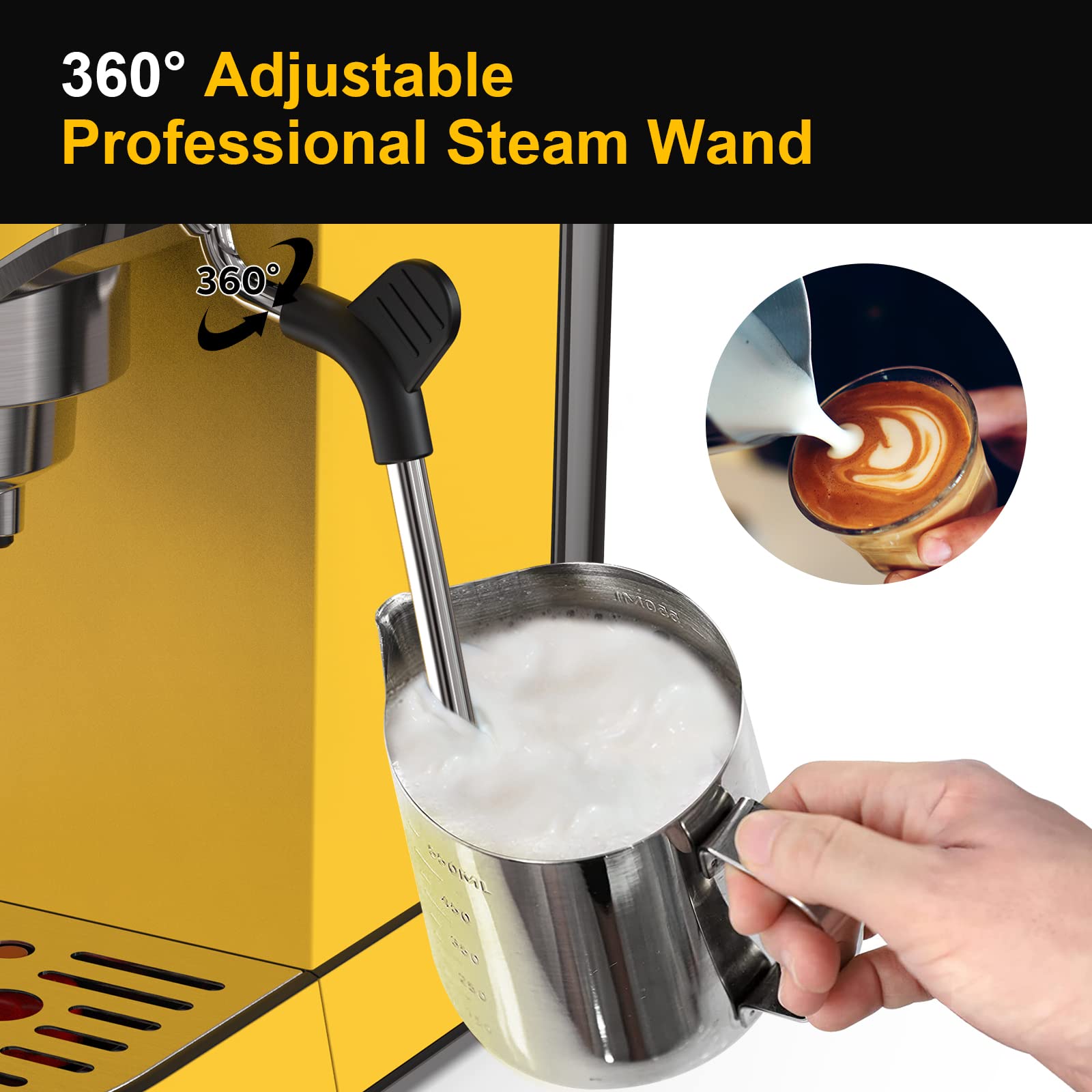 20 Bar Professional Espresso Machine with Milk Frother Steam Wand - 35oz Removable Water Tank for Cappuccino & Latte - Compact Stainless Steel Coffee Maker (Yellow) - Perfect for Home, Office and Coffee Shop Use