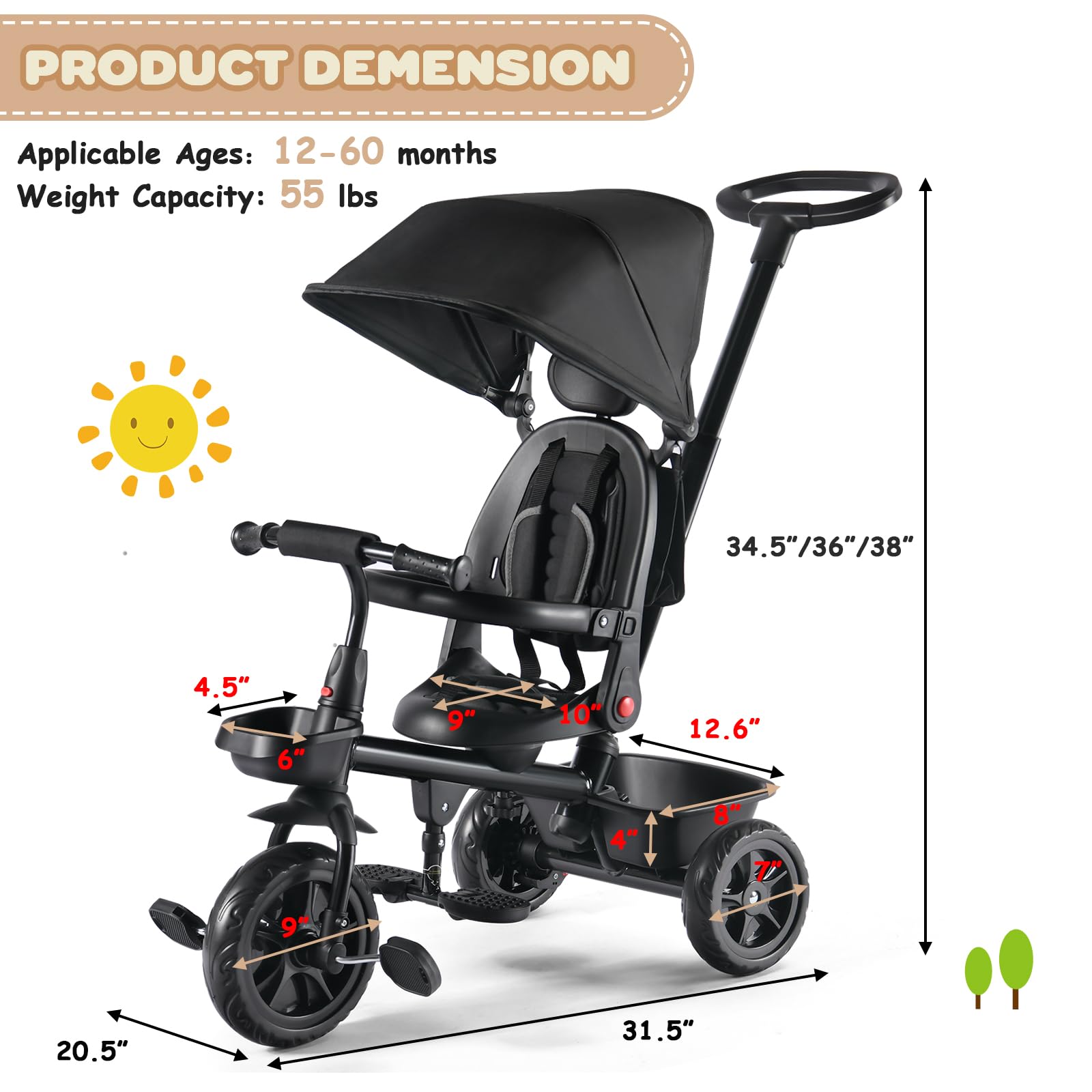 **6-in-1 Kids Tricycle with Removable Canopy & Push Handle – Adjustable Toddler Bike for Boys & Girls 12-60 Months – 360° Swivel Seat, Folding Pedals, EVA Wheels & Storage Basket – Perfect for Outdoor Play, Park Rides & Learning Balance (Black)**