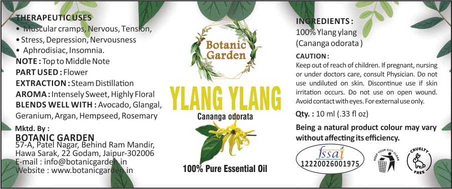 Botanic Garden Ylang Ylang Essential Oil (Cananga Odorata) - Strengthens Hair Roots, Reduces Hair Fall, Moisturizes Skin, Controls Acne - 50ml - Perfect for Aromatherapy, Massage & DIY Skincare