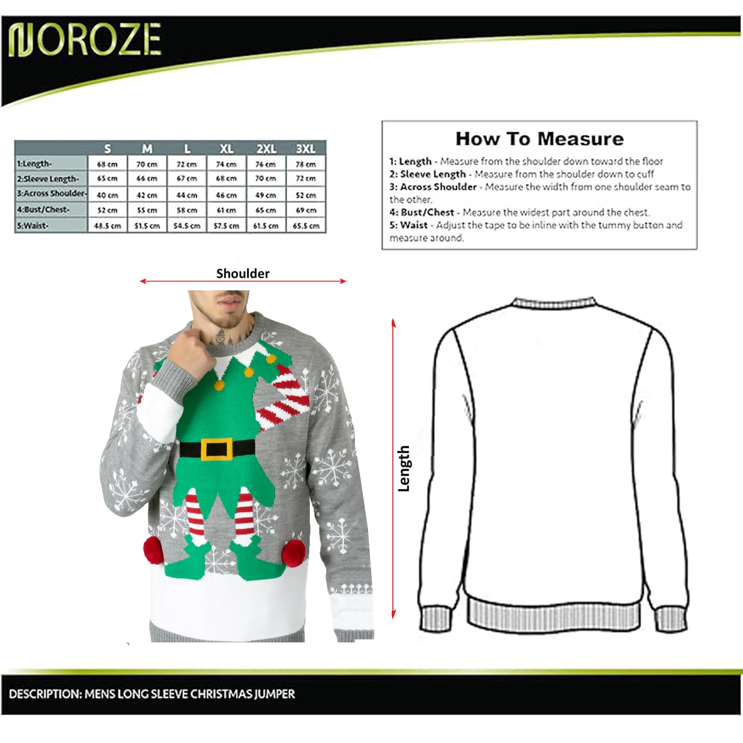 NOROZE Christmas Sweater for Men & Women - Elf Knit Jumper (Grey, XXL) - Holiday Party Wear