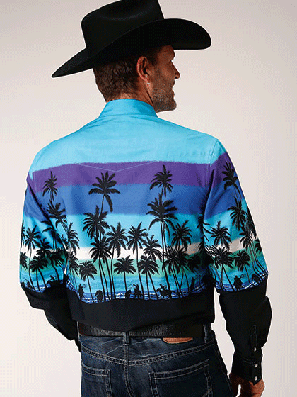 Roper Men's Long Sleeve Western Shirt - 03 001 0421 0306 Blue Plaid Border Design for Beach, Camping & Outdoor Activities