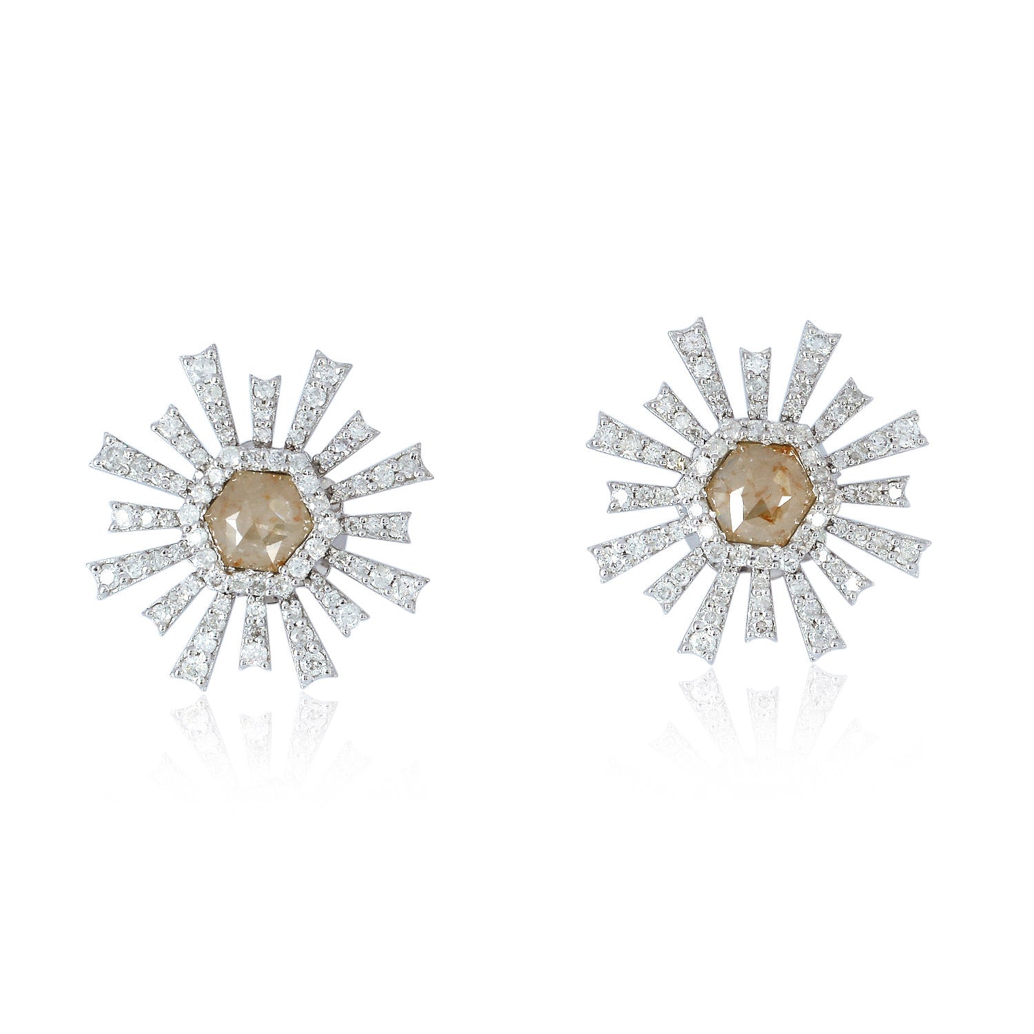 18K White Gold Hexagon Ice Diamond Pave Sunburst Stud Earrings - Perfect Gift for Women, Bridesmaids, Anniversary & Special Occasions