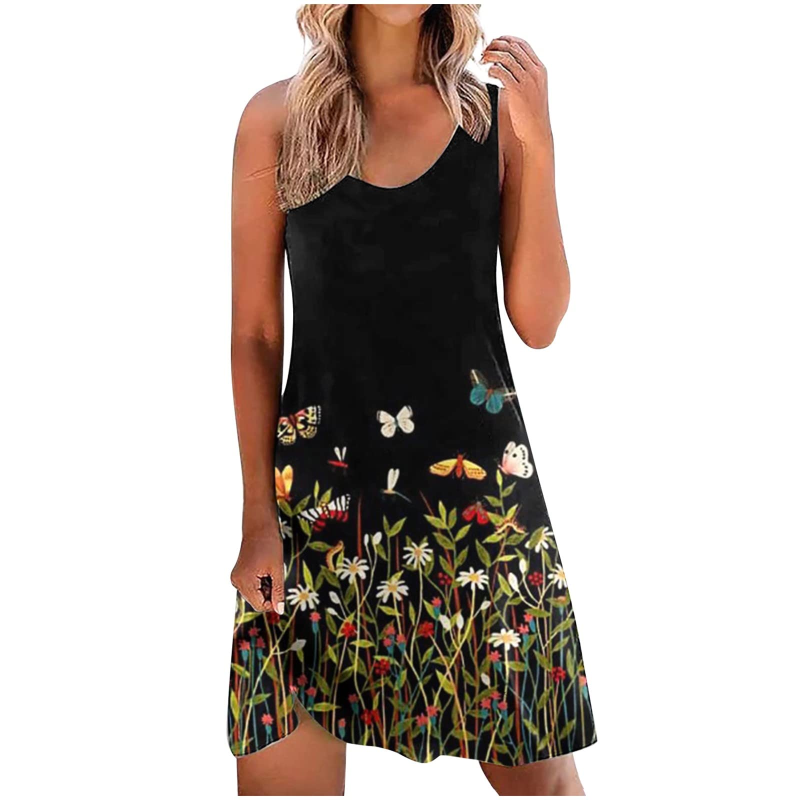 Women's Floral Print Beach Dress - Elegant Sleeveless Round Neck Sundress for Summer Vacation, Pool Party & Casual Outings