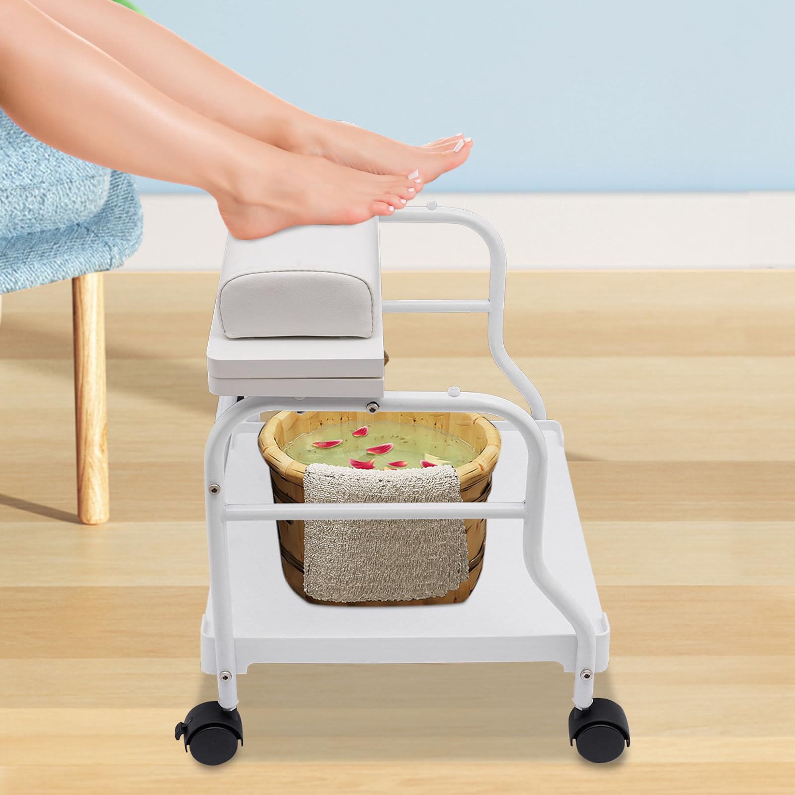 **Professional Pedicure Foot Rest Cart - Portable Beauty Salon Nail & Foot Bath Spa Trolley for Manicure, Pedicure & Massage - White Salon Furniture with Adjustable Footrest Stand - Perfect for Home Spa, Nail Salons & Relaxation**