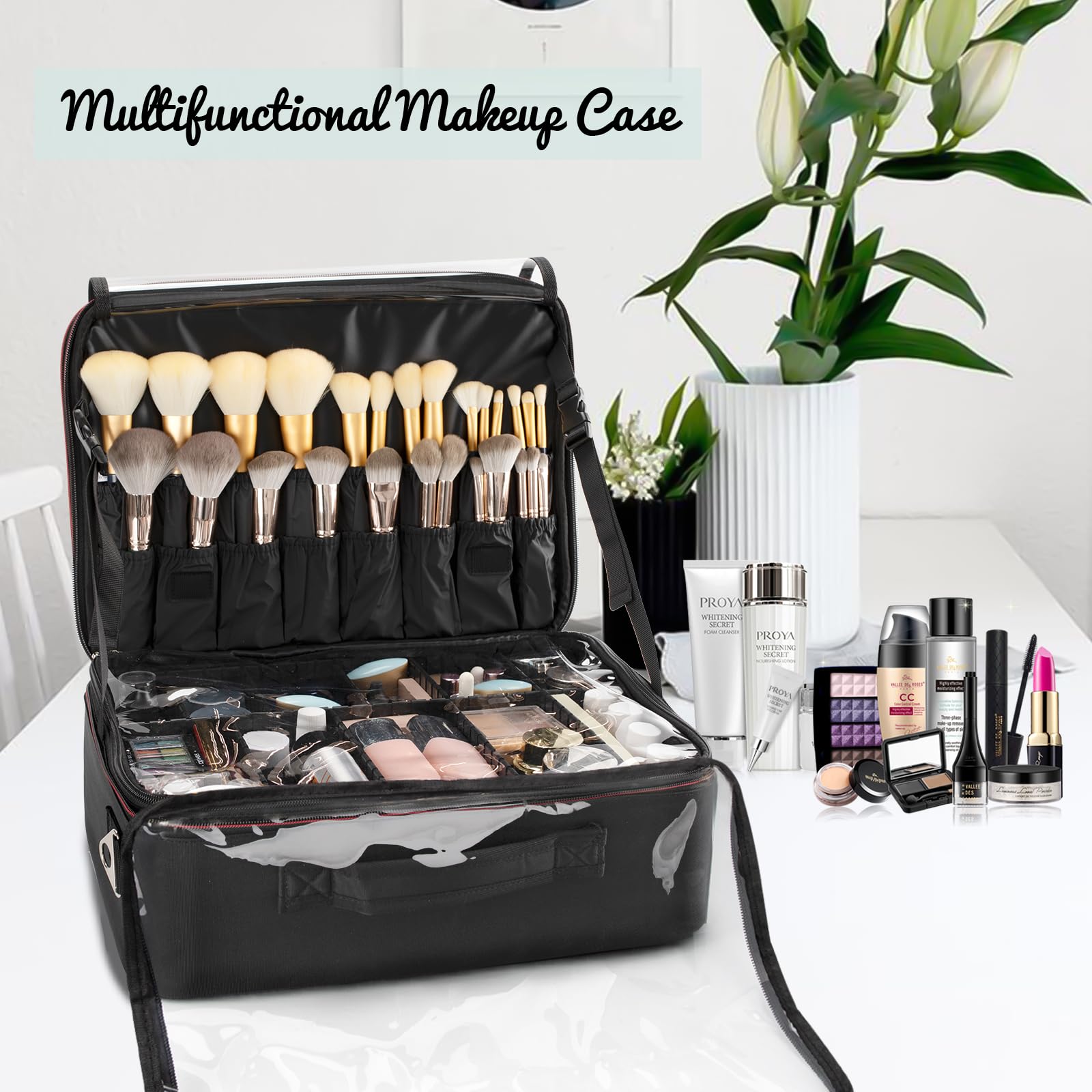 Extra Large Makeup Bag Organizer - XL Travel Cosmetic Case with Washable Plastic Divider & Heat Insulation Layer - Portable Artist Storage for Lipstick, Makeup & Toiletry Accessories (Black) - Perfect for Travel, Home Organization & Professional Makeup Artists