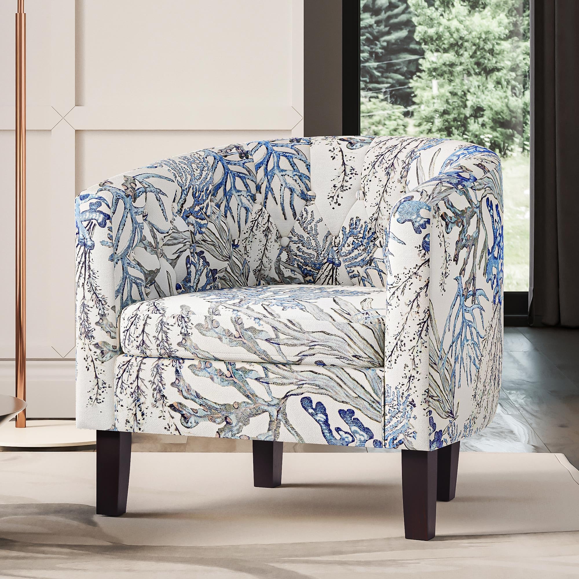 BELLEZE Accent Chairs Set of 2, Elegant Upholstered Tufted Barrel Armchairs with Sturdy Legs - Blue Coral Linen Fabric, Perfect for Living Room, Bedroom & Home Office Decor