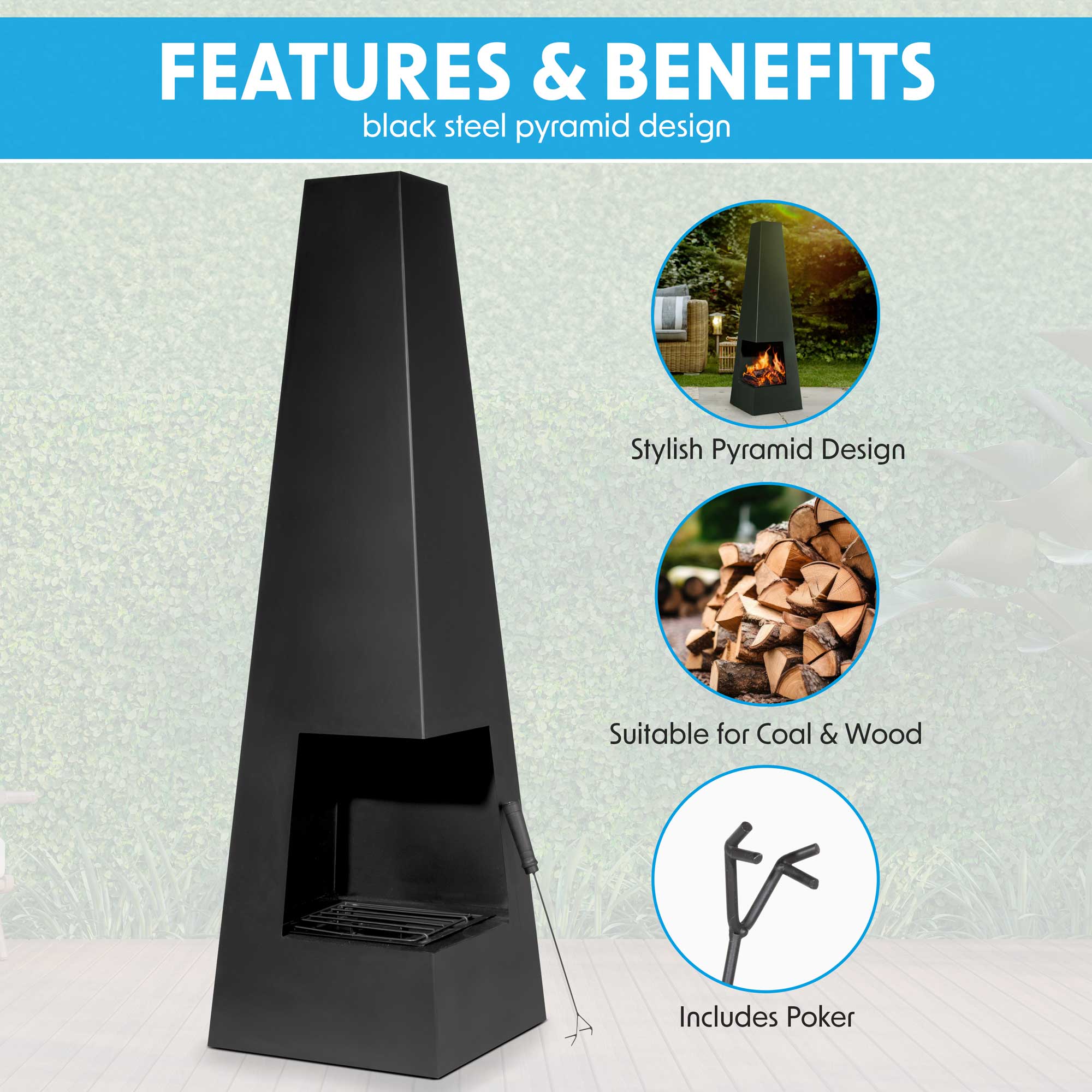 Black Steel Pyramid Chiminea - Outdoor Wood Burning Fire Pit Heater for Garden, Patio, and Backyard | Perfect for Camping, BBQ Parties & Cool Evenings