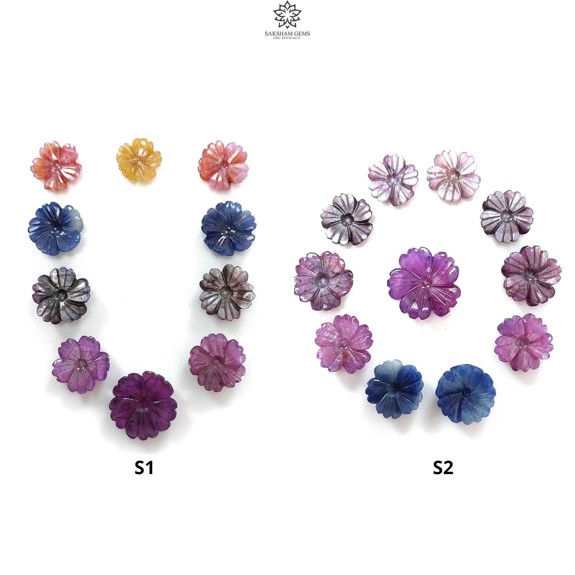 Natural Untreated Multi Sapphire Gemstone Carving - Hand Carved Sheen Sapphire Flower Set (11mm & 16mm) | Perfect for Jewelry Making, DIY Crafts & Spiritual Healing