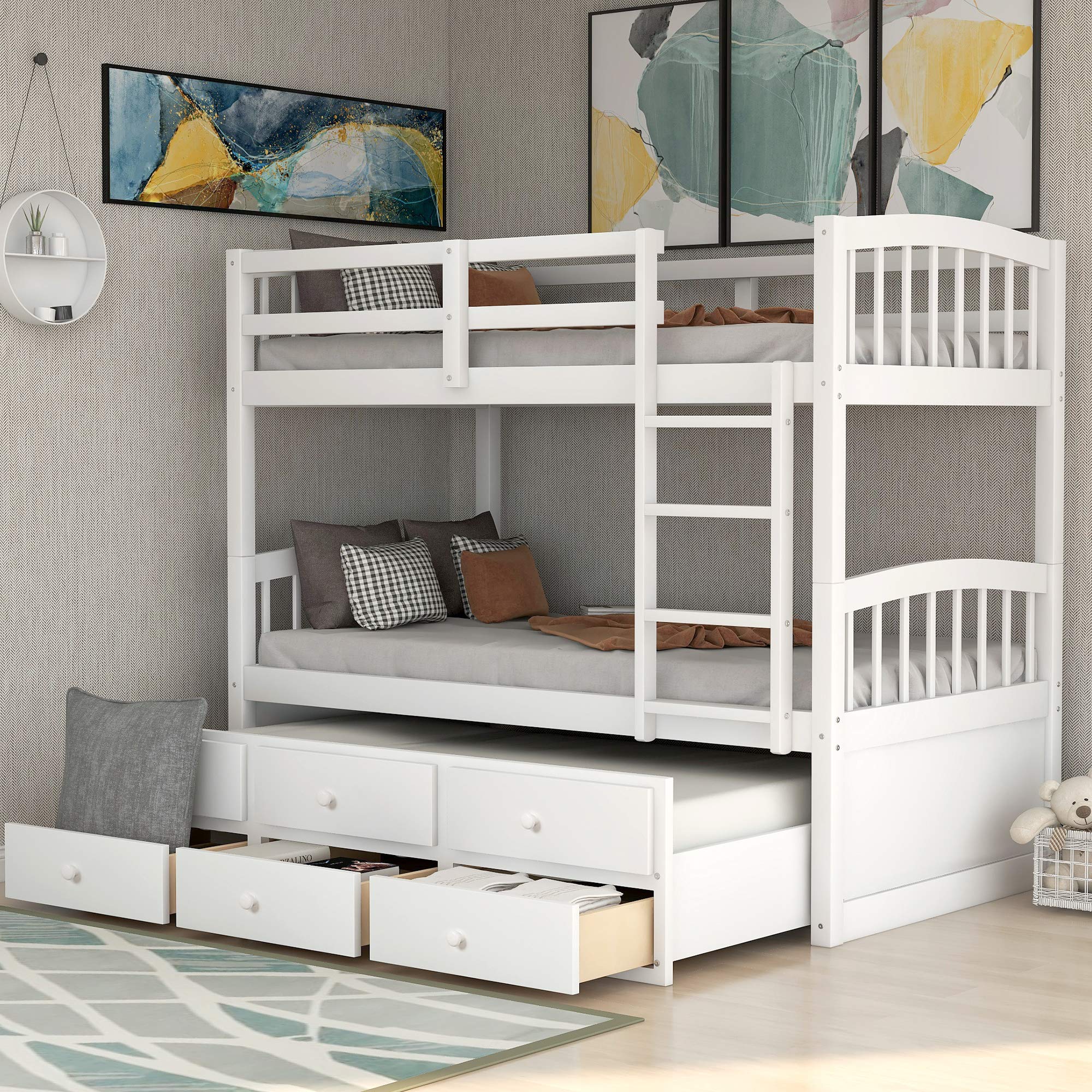 P PURLOVE Twin Over Twin Wooden Bunk Bed with Trundle, Drawers, Ladder & Guardrails - Sturdy Kids & Teens Bunk Bed Frame for Bedrooms, Guest Rooms & Vacation Homes - Perfect for Sleepovers, Space Saving & Multi-Kid Rooms