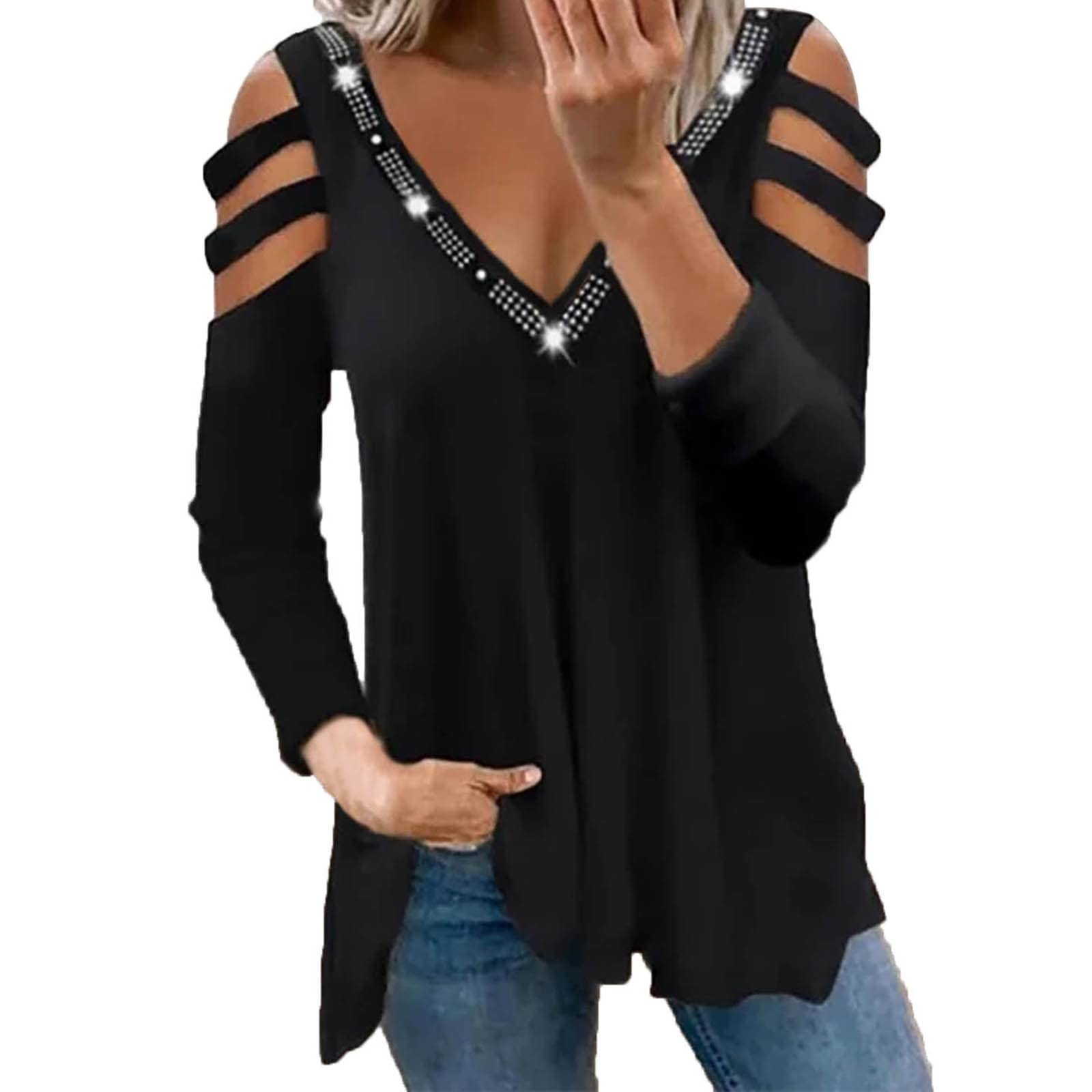 Stylish Rhinestone & Strapless Women's Sport T-Shirt - V-Neck Long Sleeve Top for Spring & Fall | Perfect for Gym, Yoga & Casual Outfits
