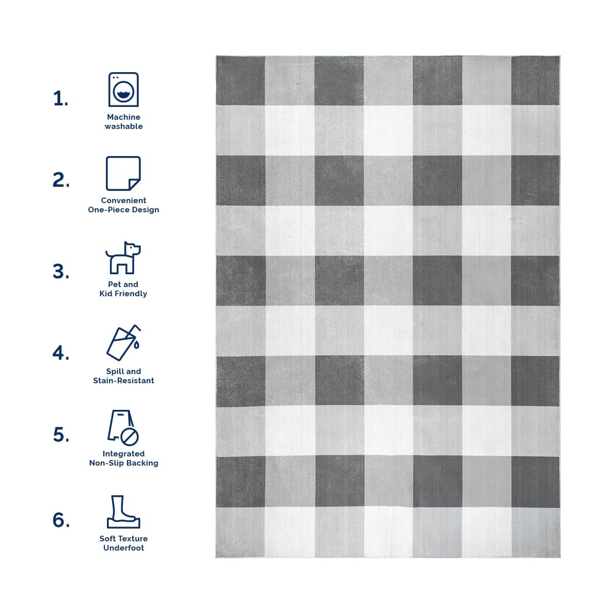 Alanna Buffalo Plaid Washable Rug - Non-Slip Reversible Indoor/Outdoor Area Rug - Soft Grey Checkered Design for Living Room, Bedroom, Patio Decor