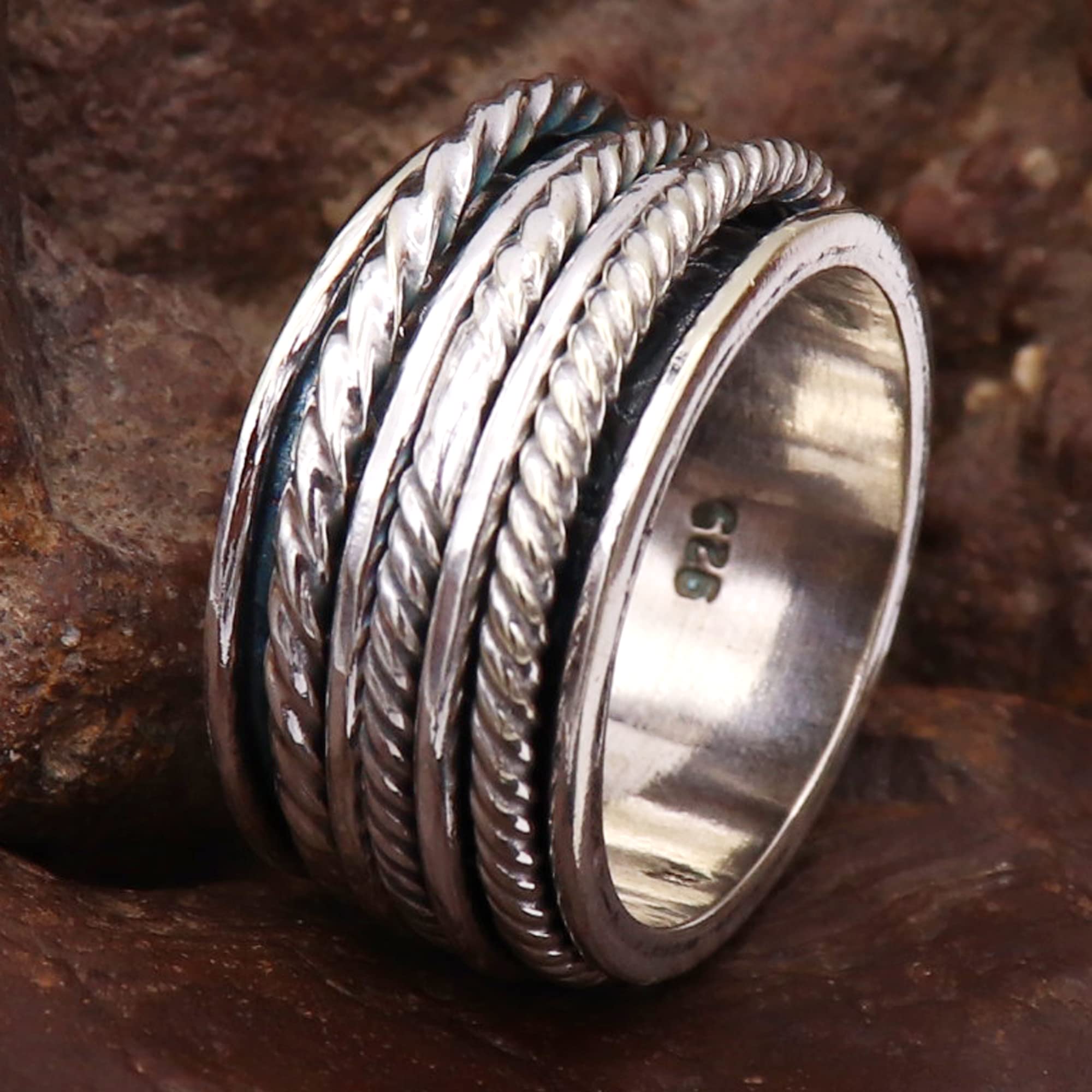 Goyal Jewels 925 Sterling Silver Spinner Meditation Ring for Men & Women - Handmade Adjustable Stress Relief Band, Anxiety Relief Jewelry Gift (GESR259) | Perfect for Yoga, Mindfulness & Everyday Wear